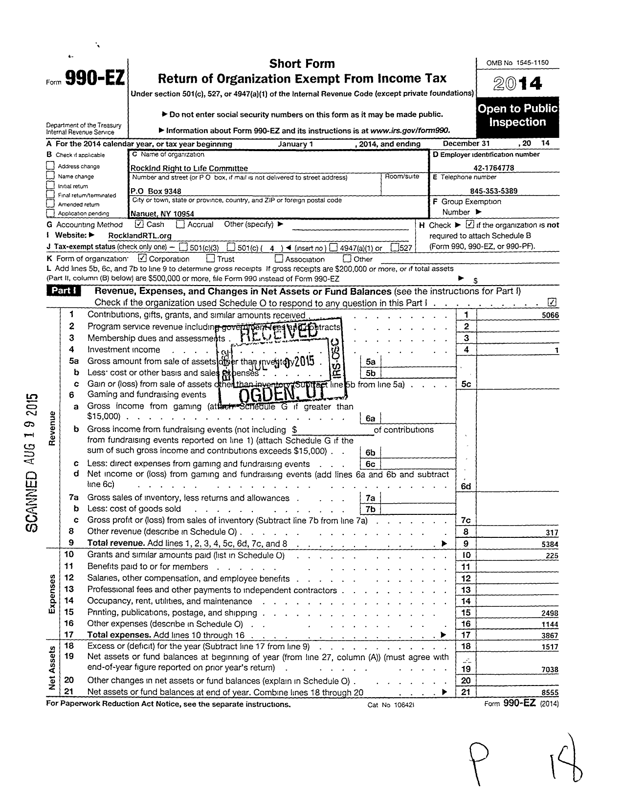 Image of first page of 2014 Form 990EO for Rockland Right To Life Committee