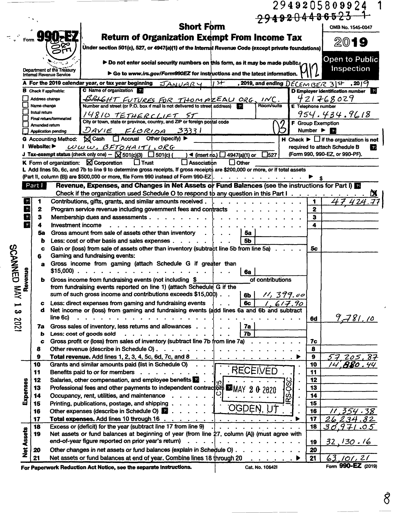 Image of first page of 2019 Form 990EZ for Bright Futures for Thomazeau