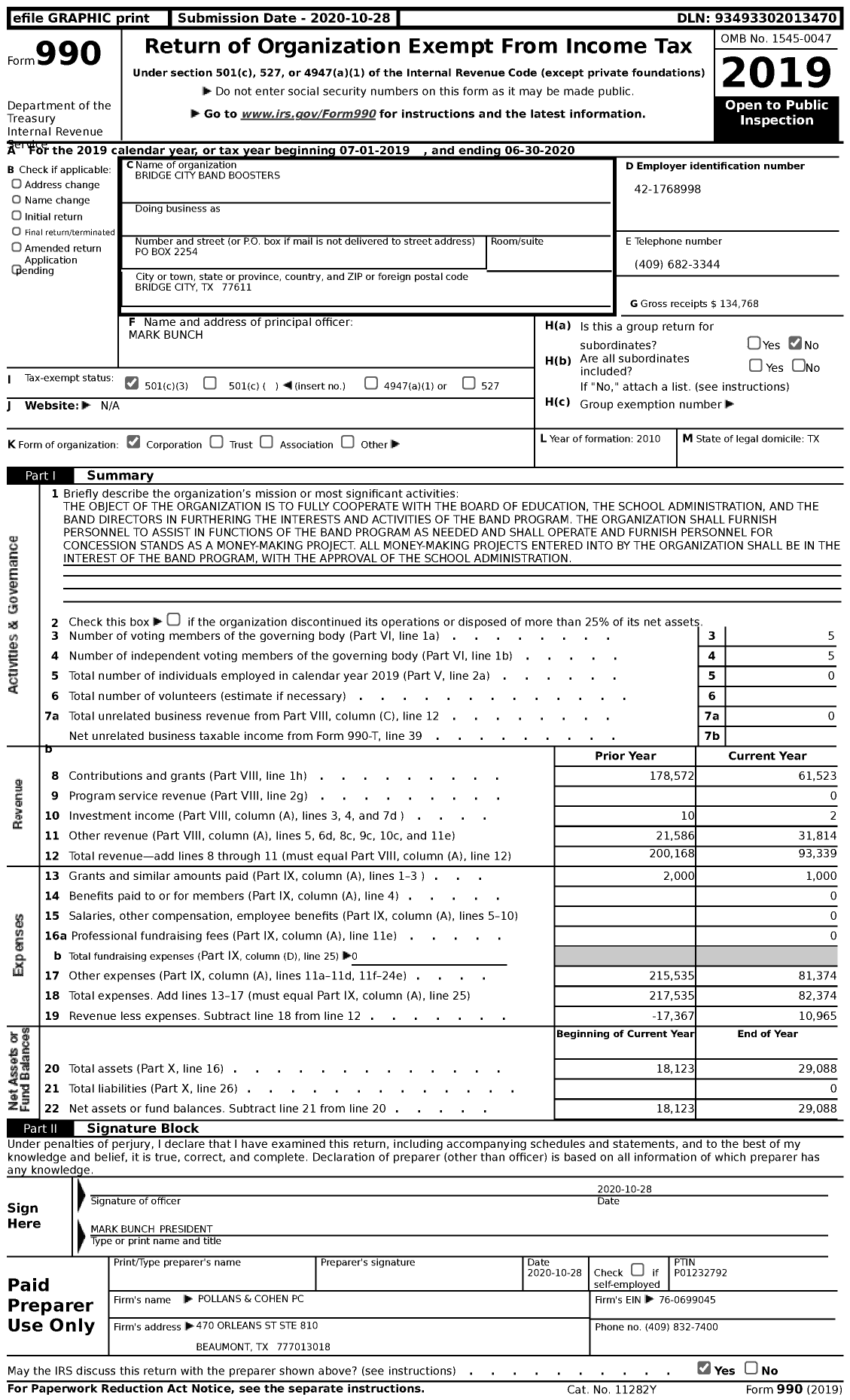 Image of first page of 2019 Form 990 for Bridge City Band Boosters