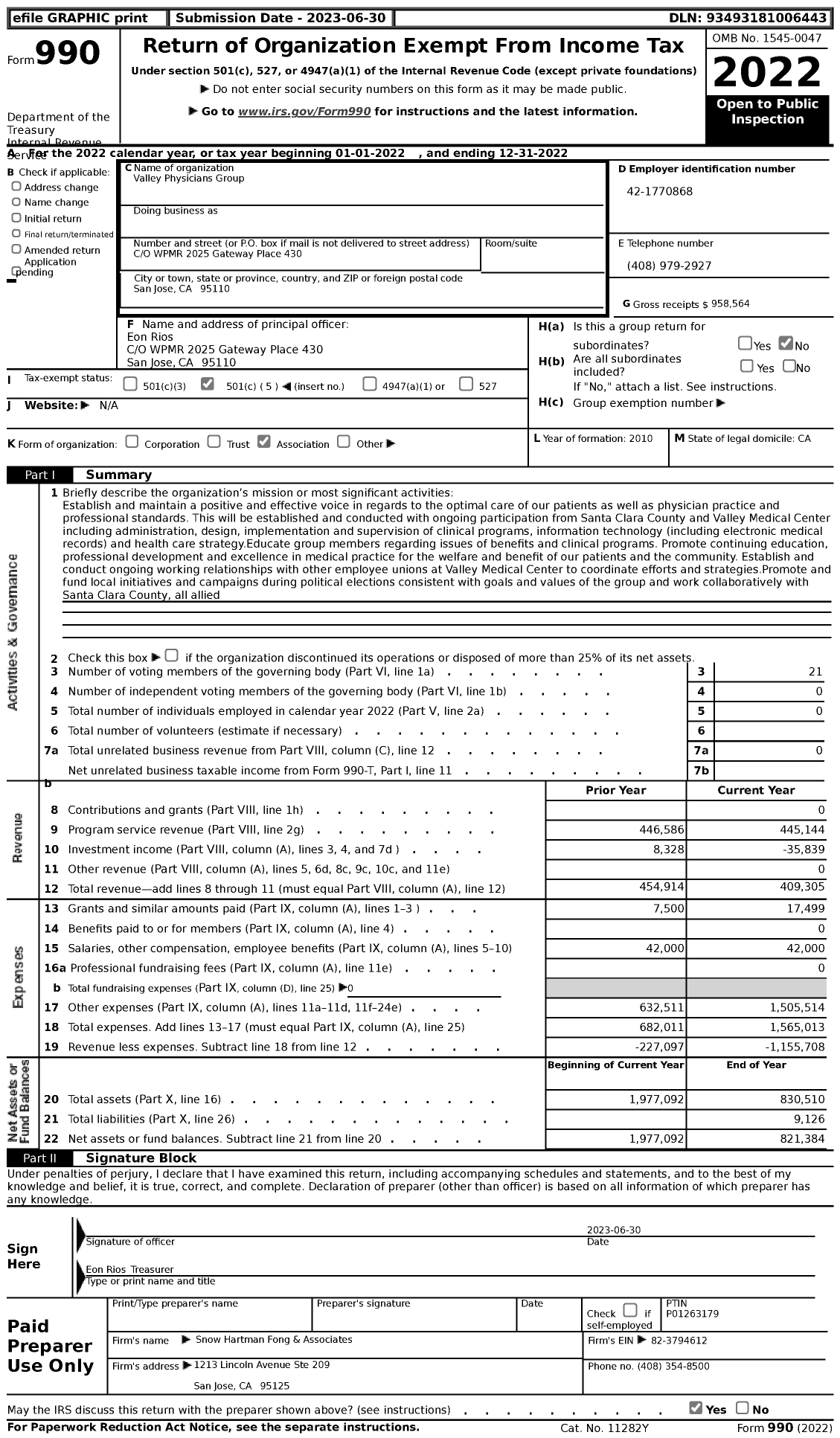 Image of first page of 2022 Form 990 for Valley Physicians Group