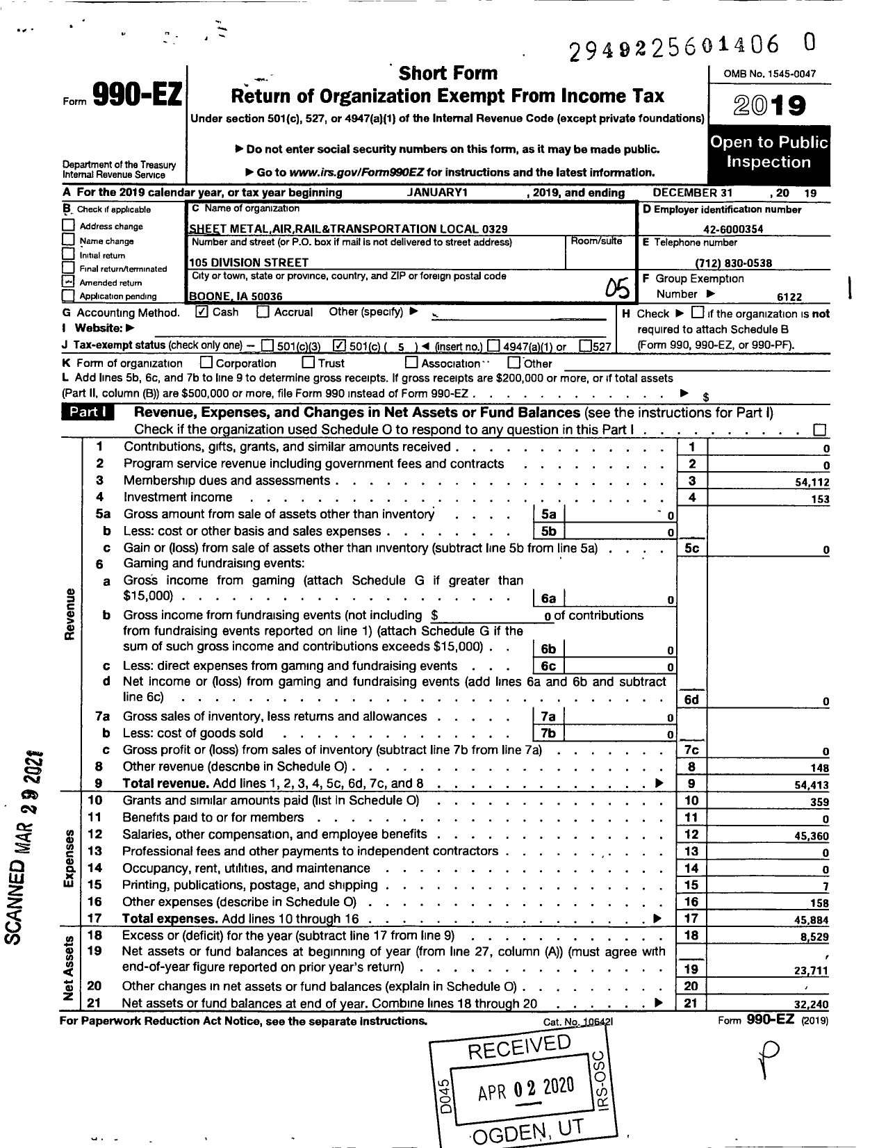 Image of first page of 2019 Form 990EO for Smart Union - 329 TD