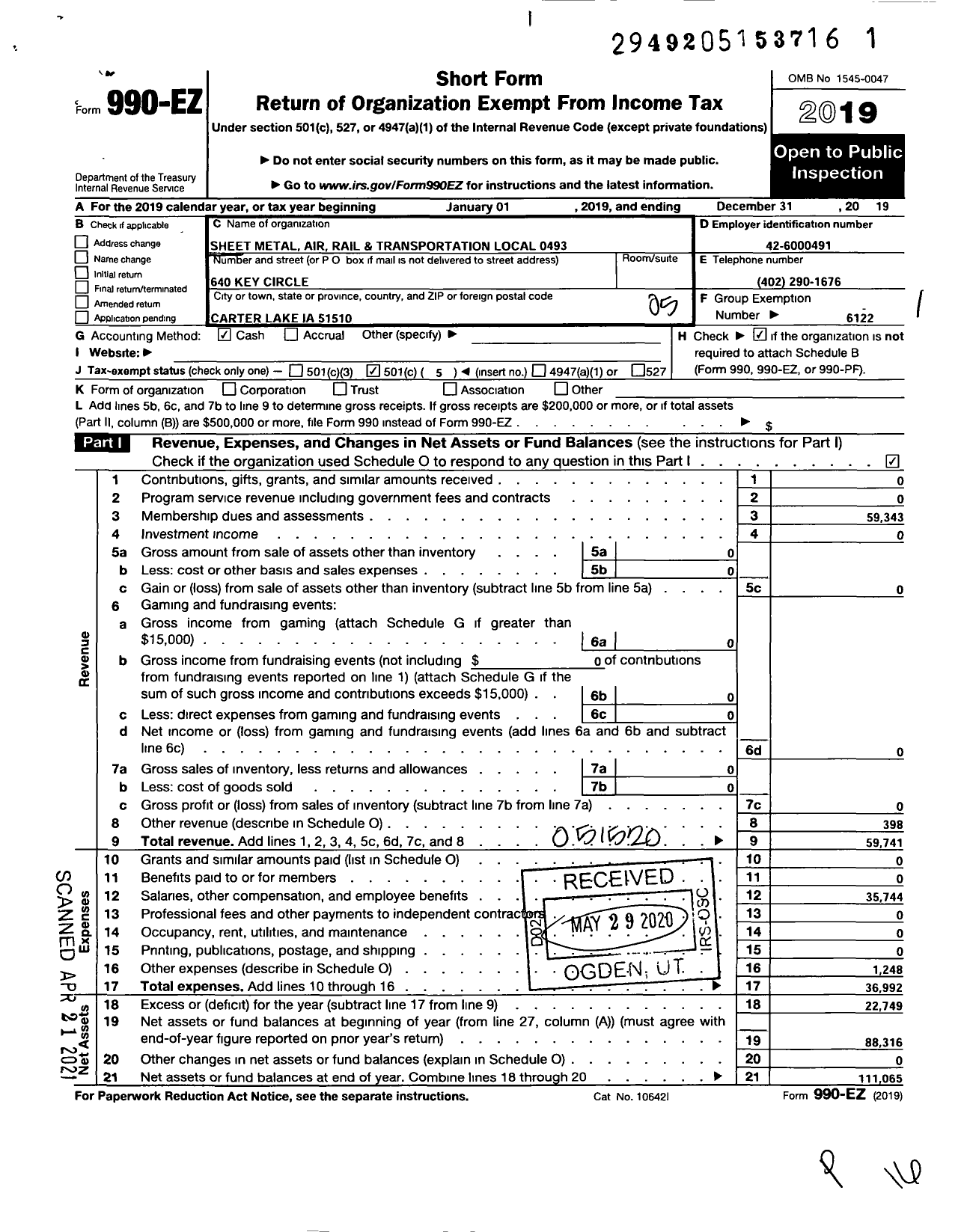 Image of first page of 2019 Form 990EO for Smart Union - 493 TD