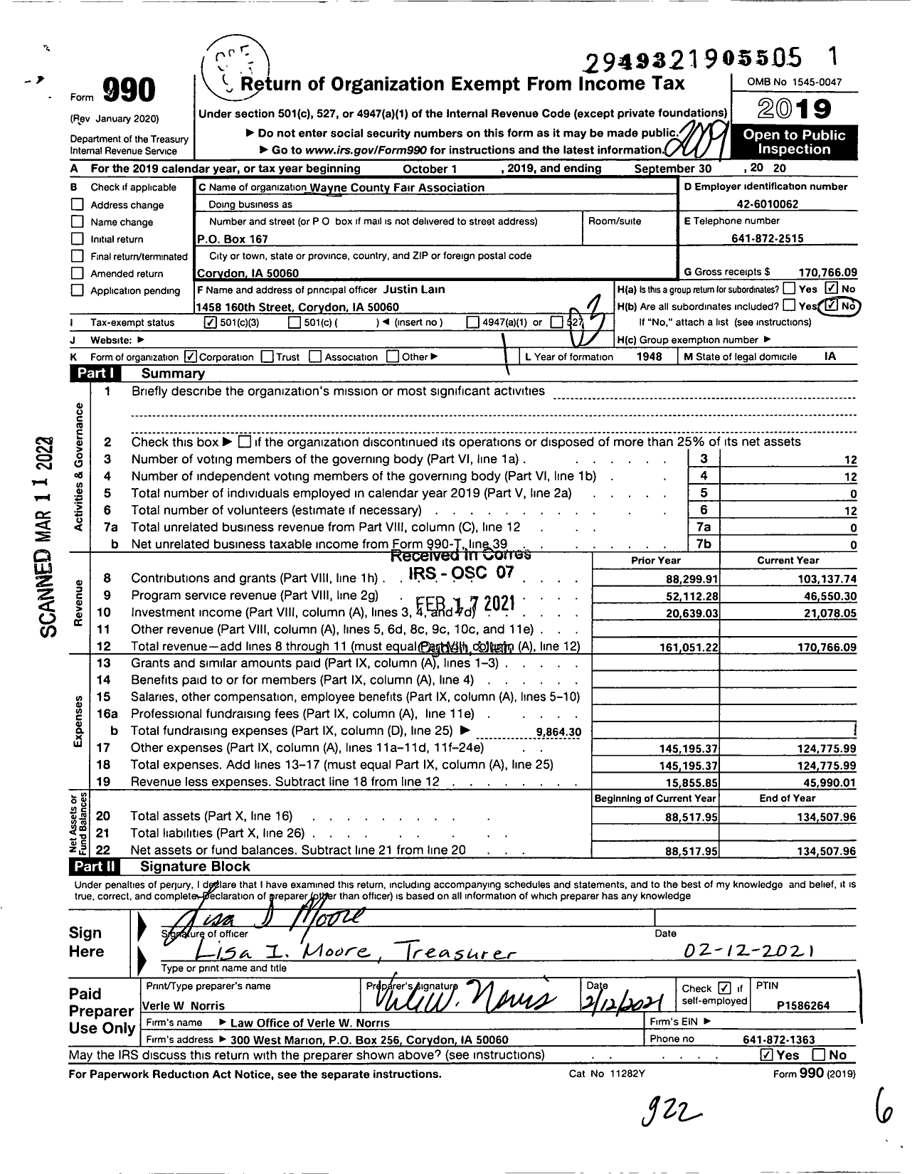 Image of first page of 2019 Form 990 for Wayne County Fair Association