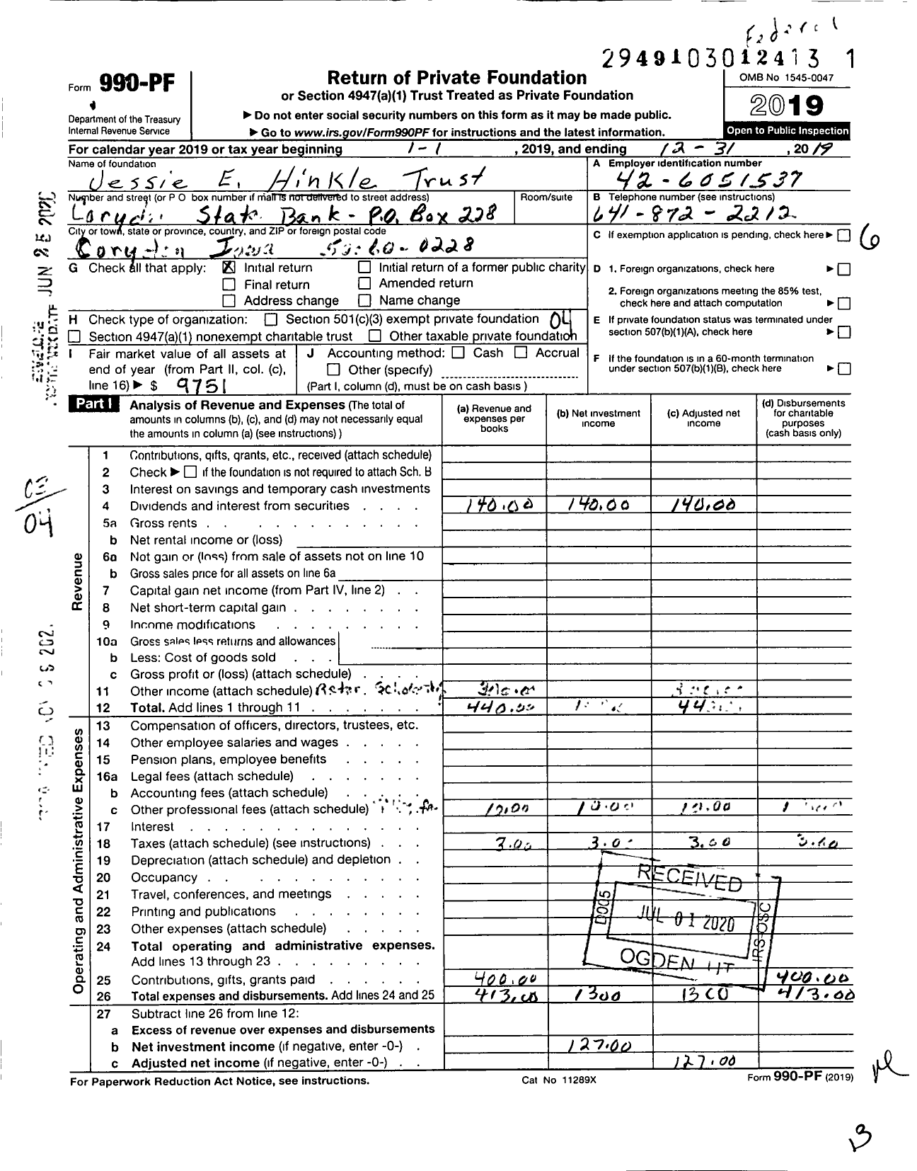 Image of first page of 2019 Form 990PF for Jessie E Hinkle Trust