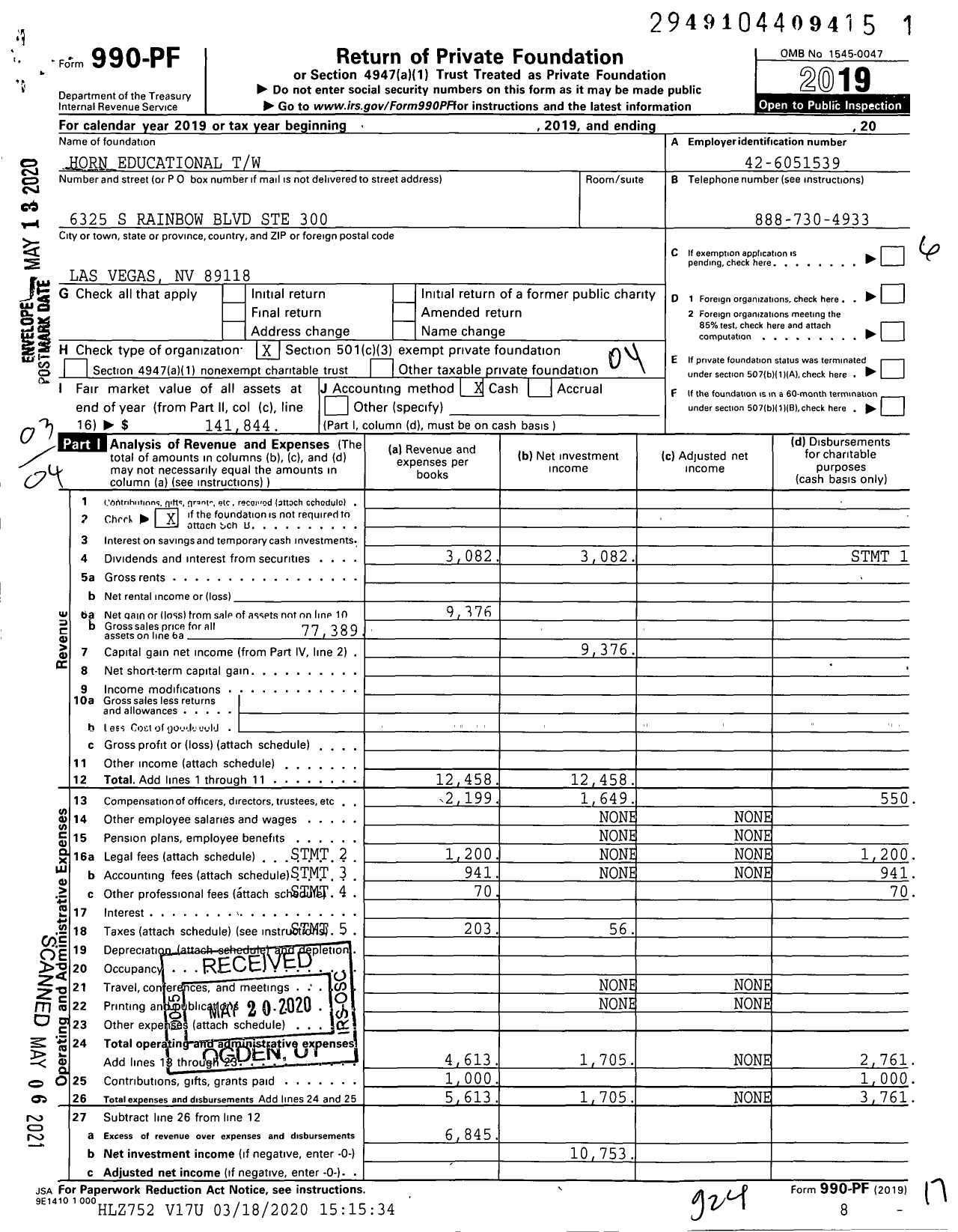 Image of first page of 2019 Form 990PF for Horn Educational TW