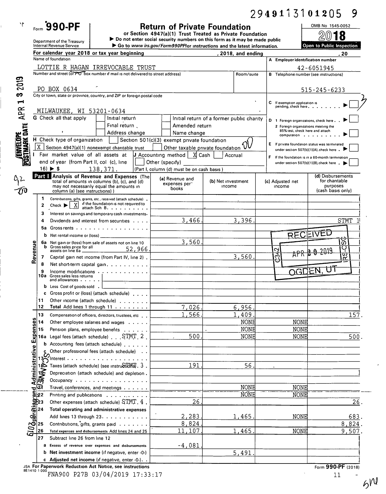 Image of first page of 2018 Form 990PF for Lottie R Hagan Irrevocable Trust