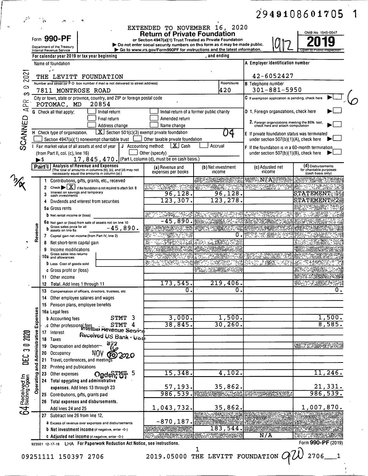 Image of first page of 2019 Form 990PF for The Levitt Foundation