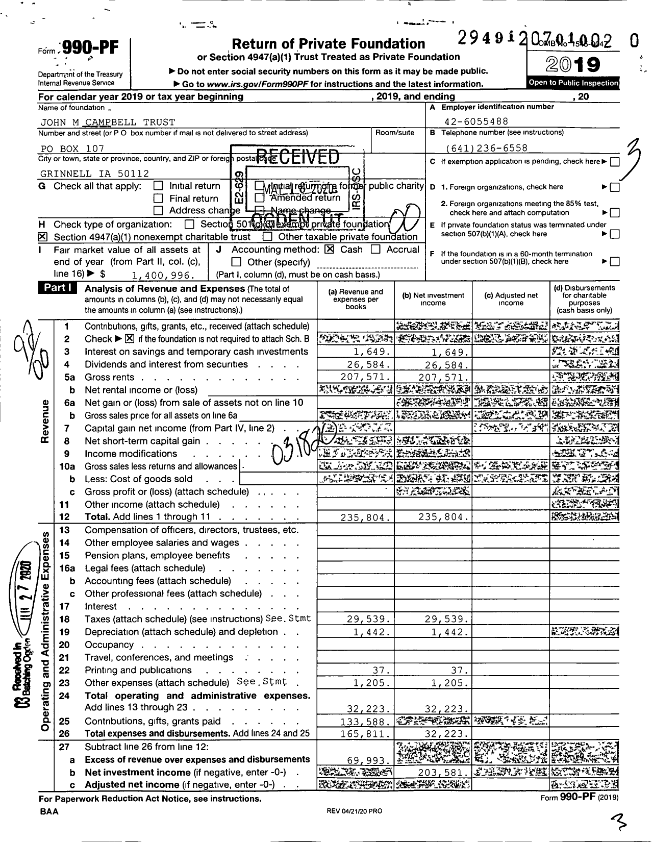 Image of first page of 2019 Form 990PR for John M Campbell Trust