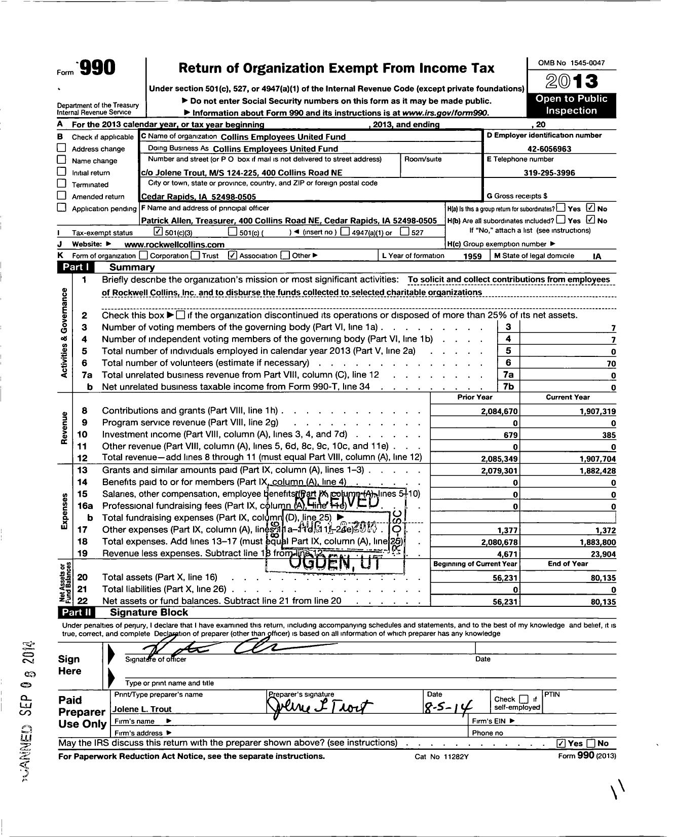 Image of first page of 2013 Form 990 for Collins Employees United Fund