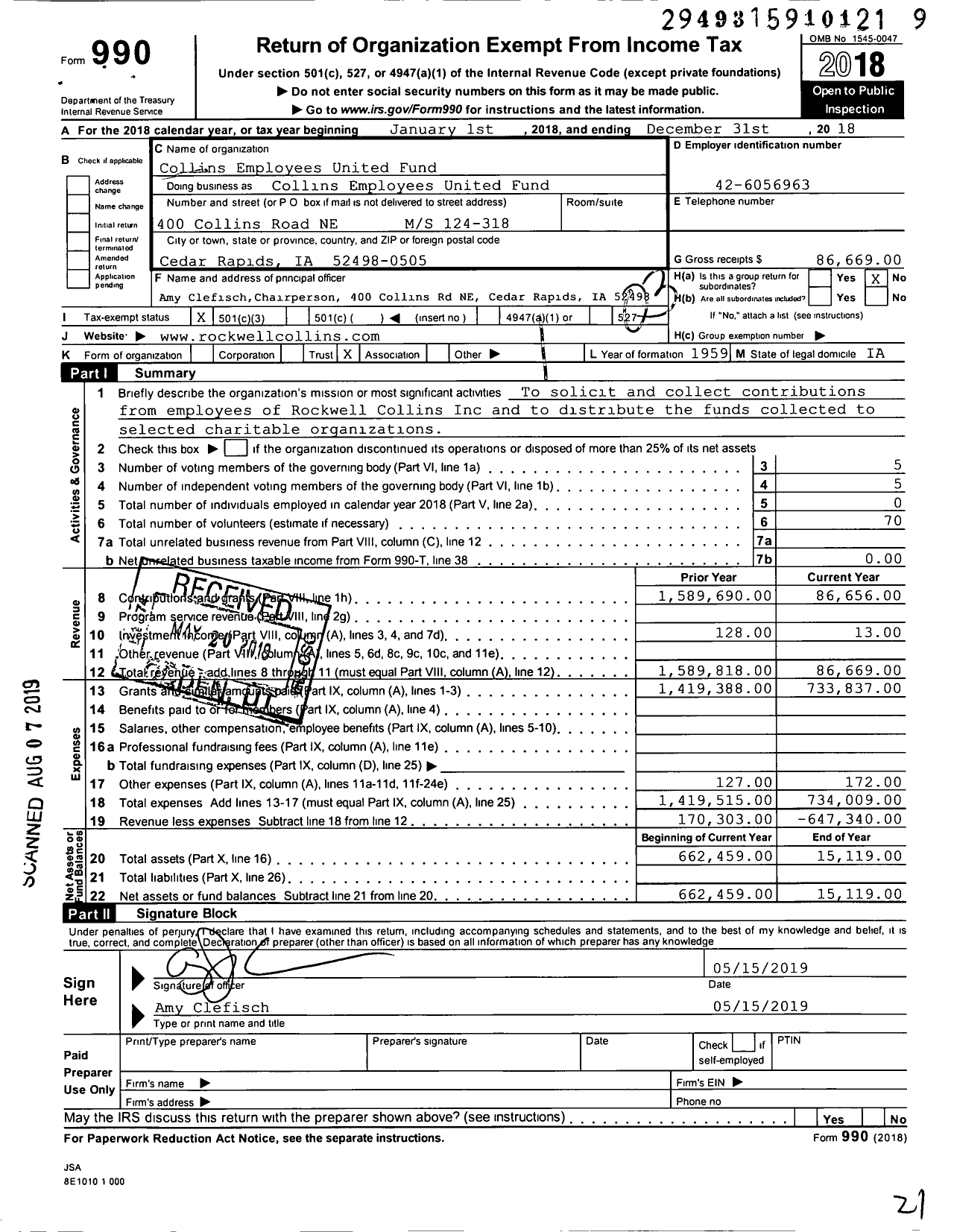 Image of first page of 2018 Form 990 for Collins Employees United Fund