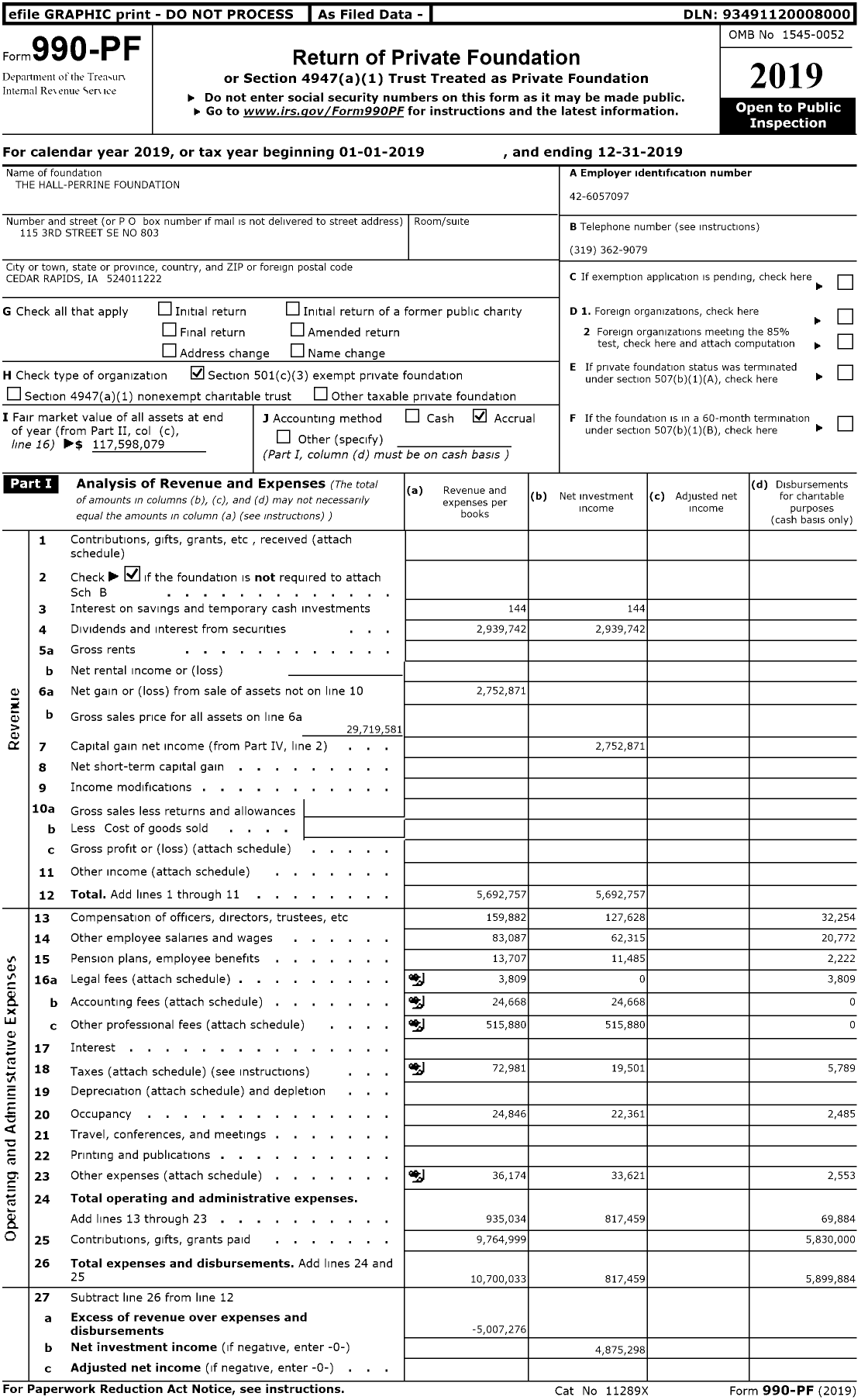 Image of first page of 2019 Form 990PR for Hall-Perrine Foundation
