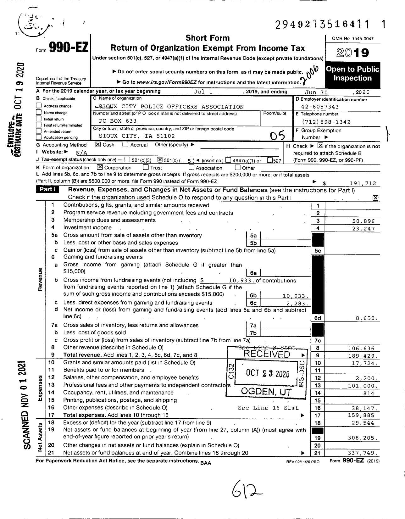 Image of first page of 2019 Form 990EO for Sioux City Police Officers Association