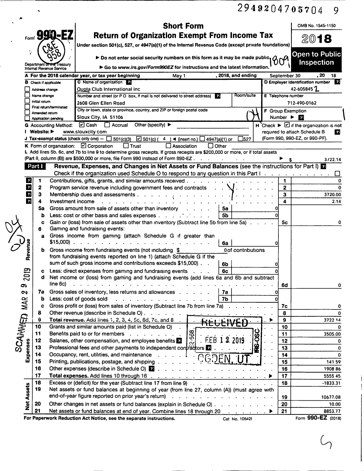 Image of first page of 2017 Form 990EO for Quota Club International / Sioux City