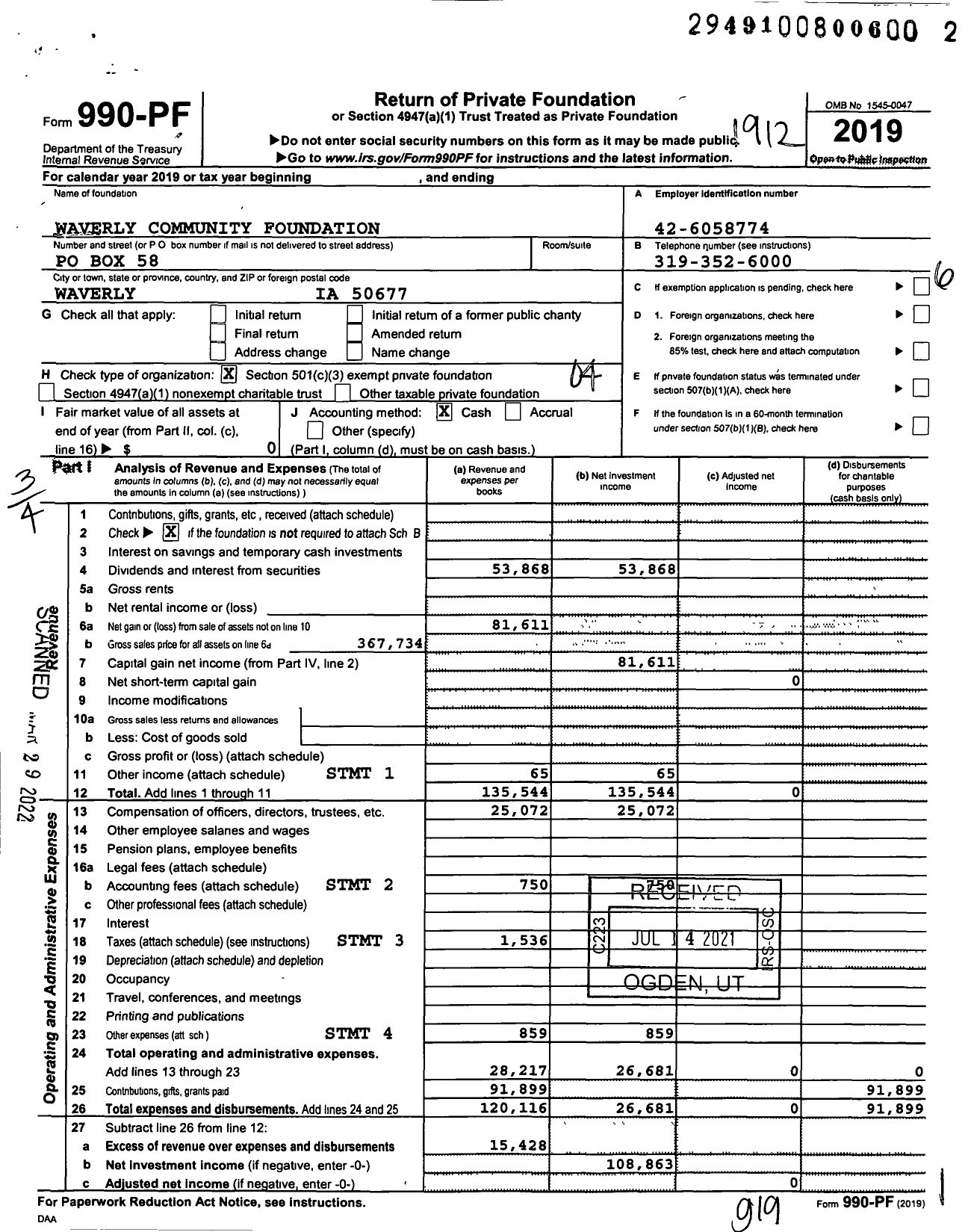 Image of first page of 2019 Form 990PF for Waverly Community Foundation