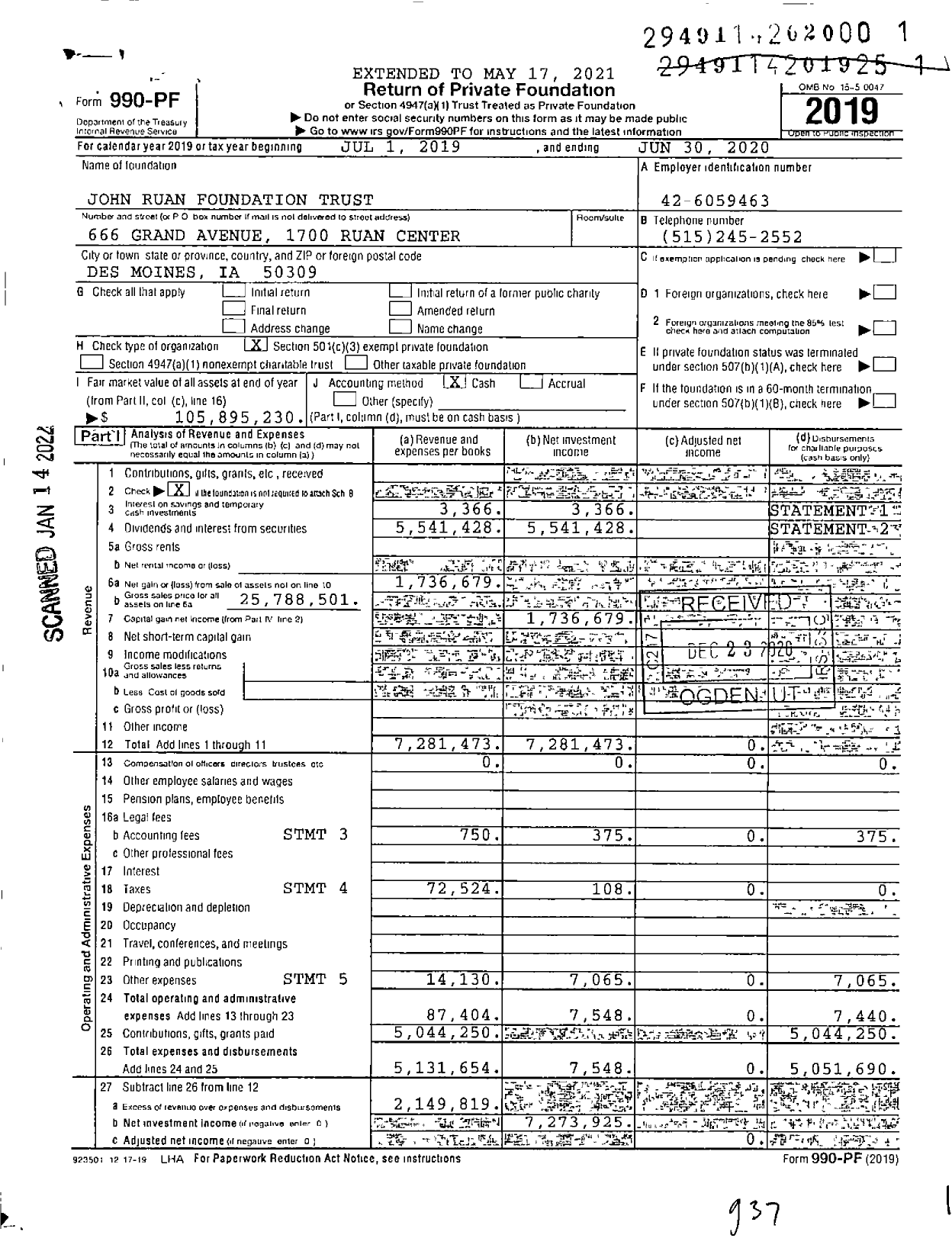 Image of first page of 2019 Form 990PF for John Ruan Foundation Trust