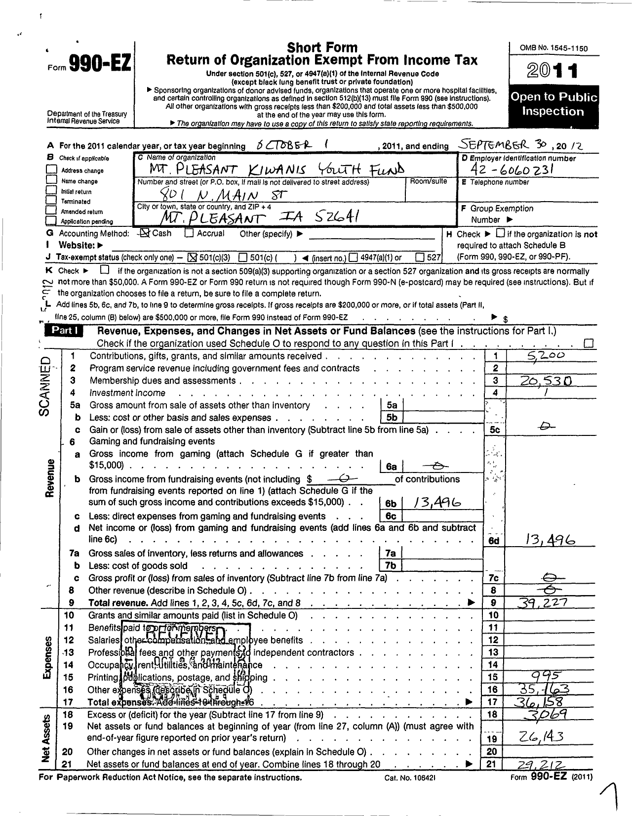 Image of first page of 2011 Form 990EZ for Kiwanis International / K01950 Mount Pleasant