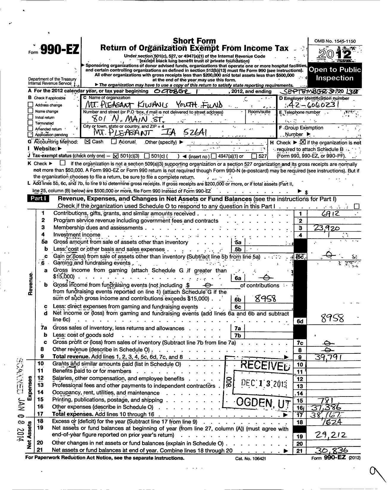 Image of first page of 2012 Form 990EZ for Kiwanis International / K01950 Mount Pleasant