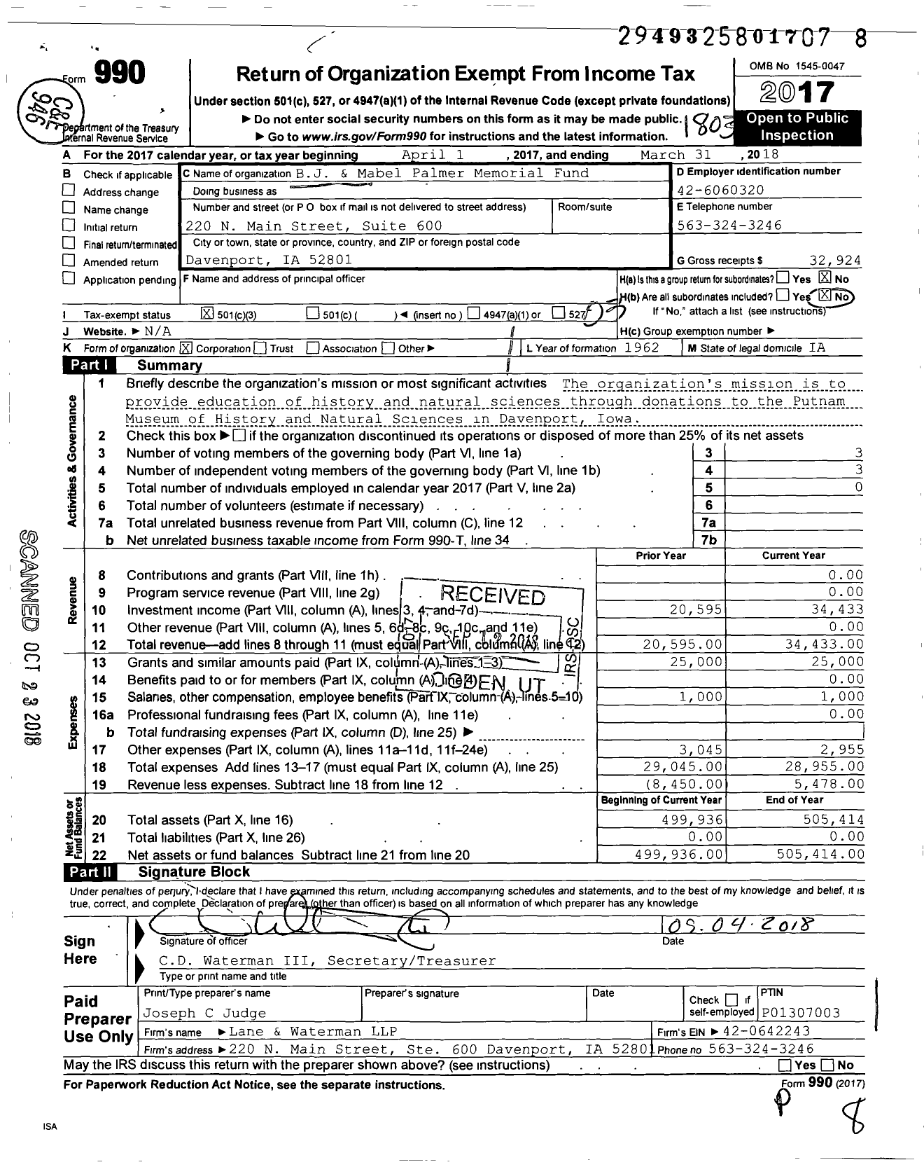 Image of first page of 2017 Form 990 for B J and Mabel Palmer Memorial Fund