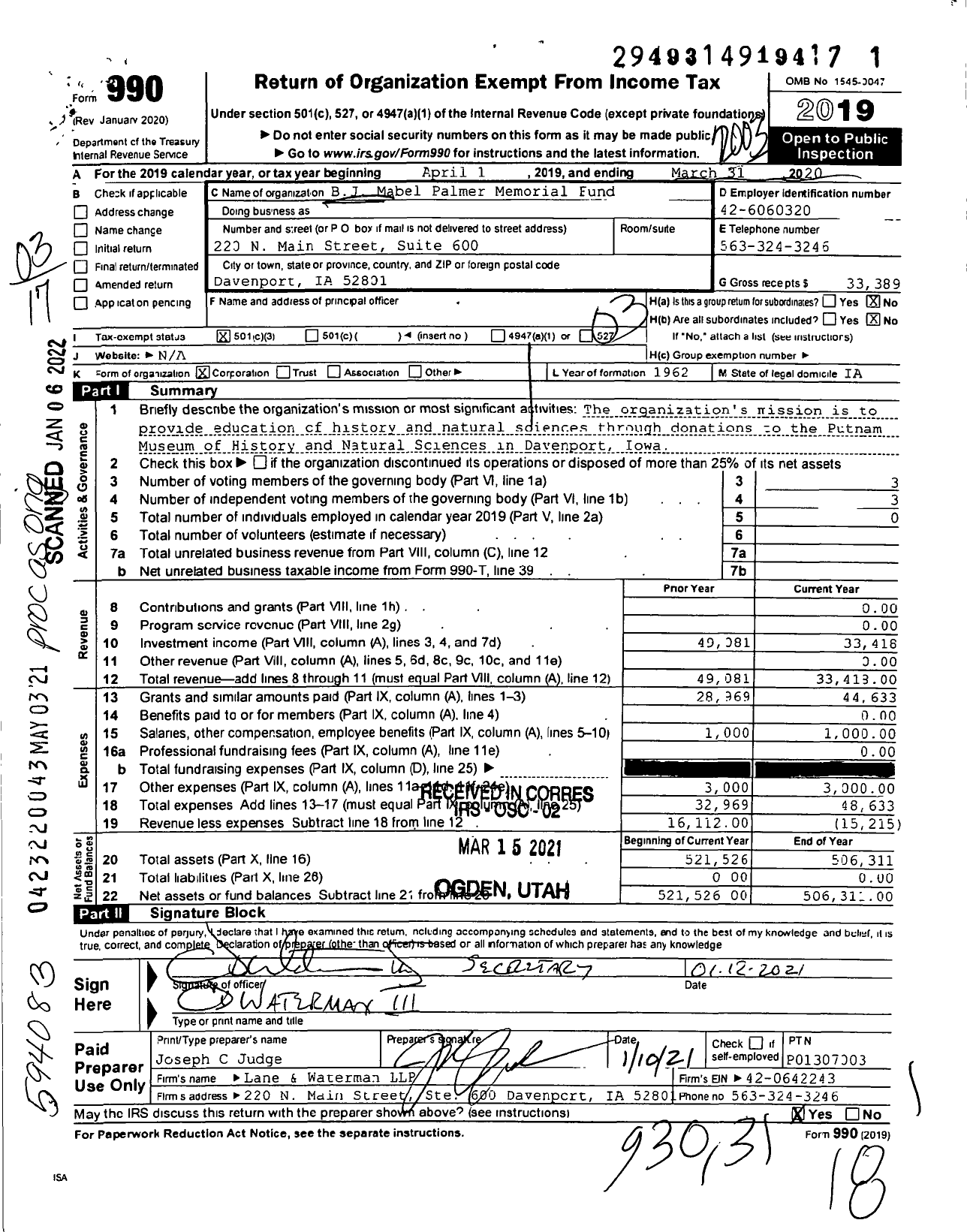 Image of first page of 2019 Form 990 for B J and Mabel Palmer Memorial Fund