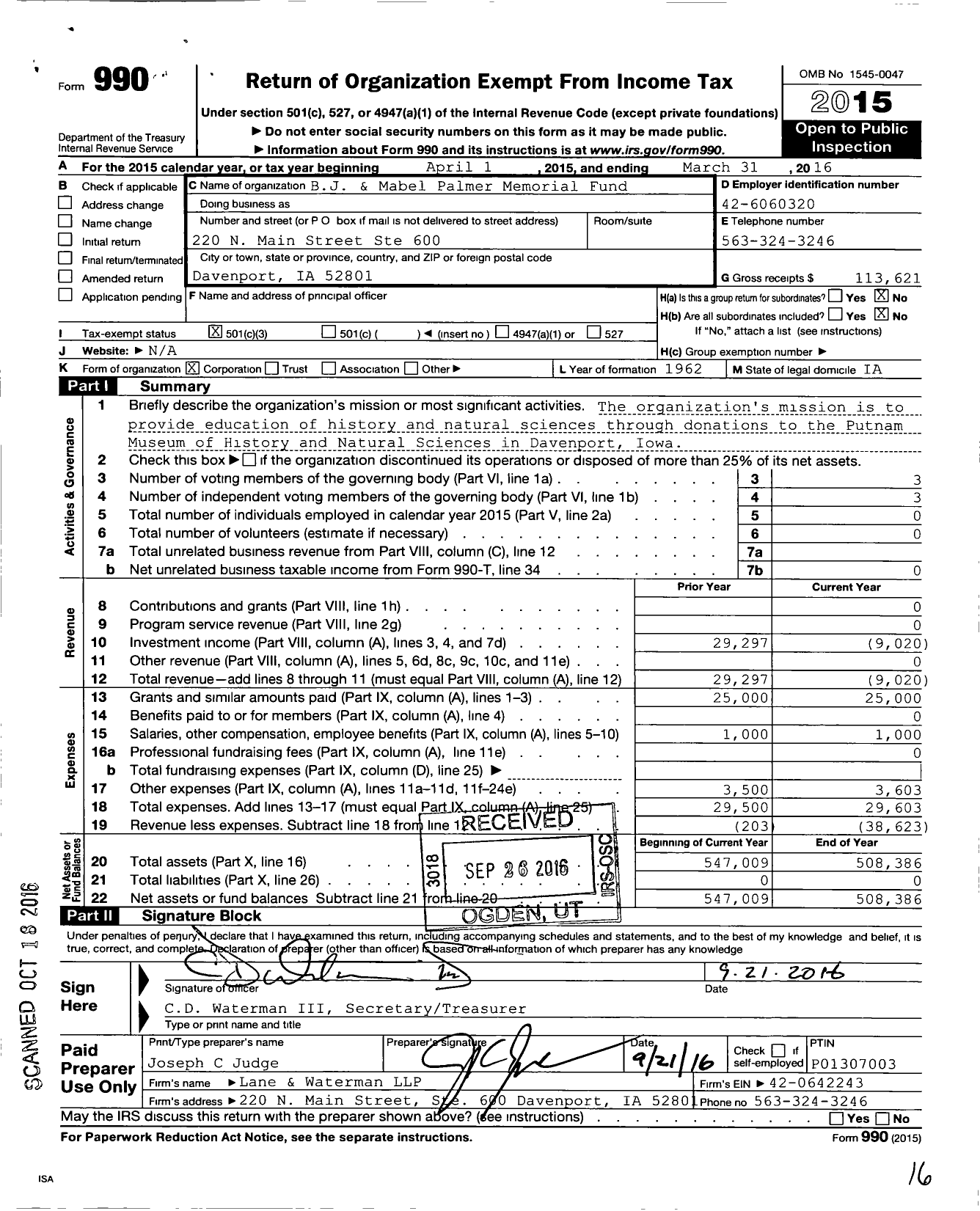 Image of first page of 2015 Form 990 for B J and Mabel Palmer Memorial Fund