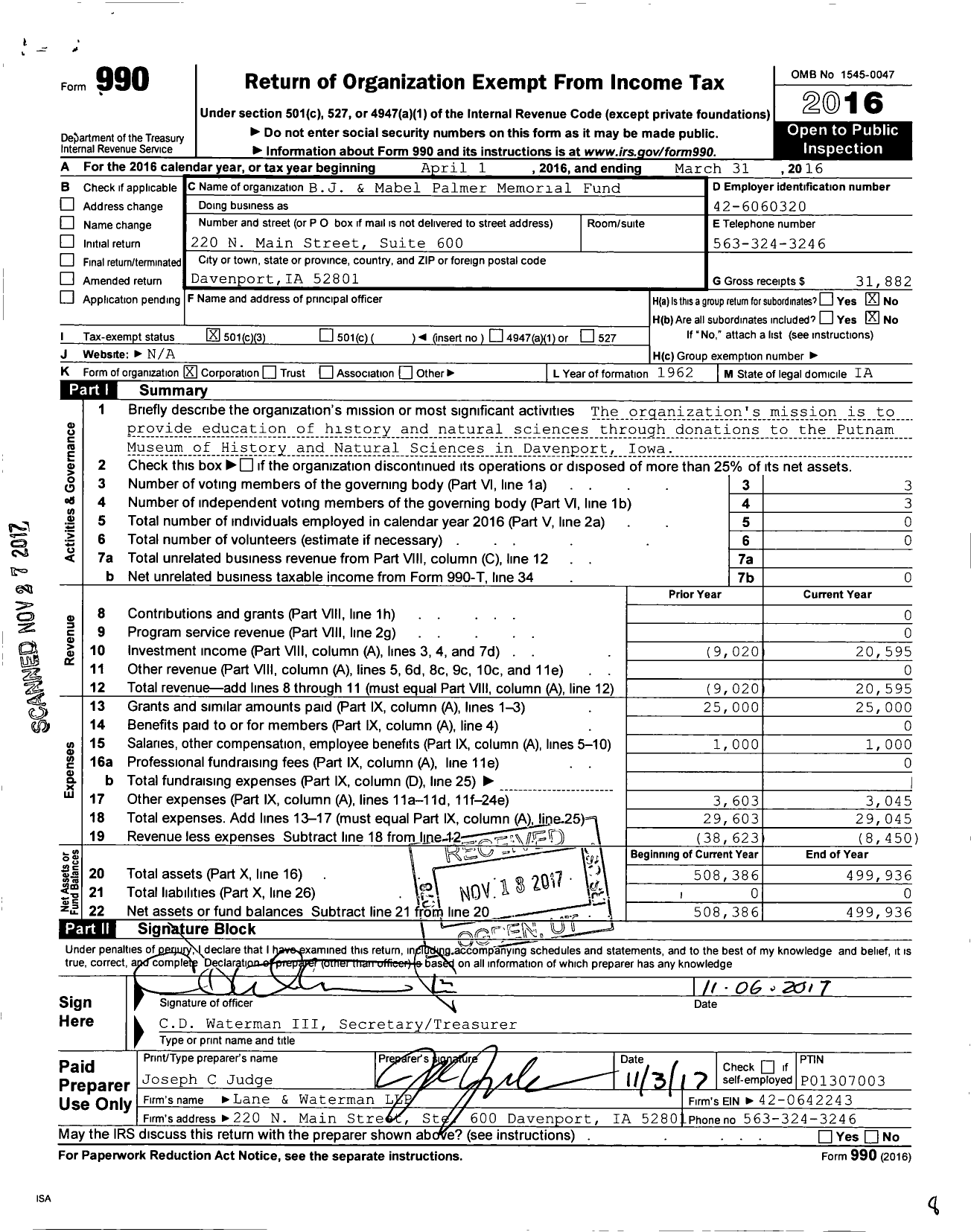 Image of first page of 2015 Form 990 for B J and Mabel Palmer Memorial Fund