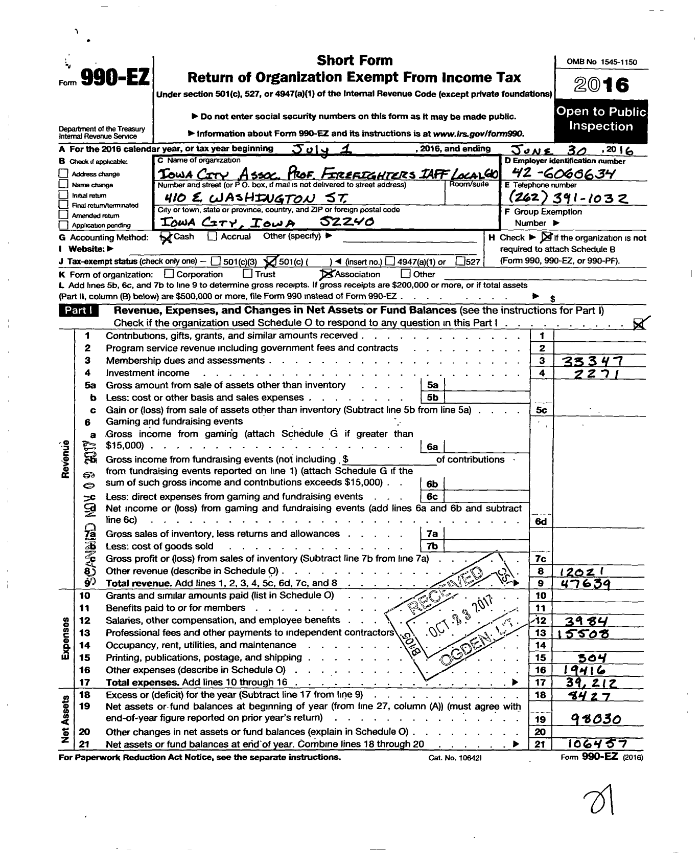 Image of first page of 2015 Form 990EO for International Association of Fire Fighters - L0610 Iowa City