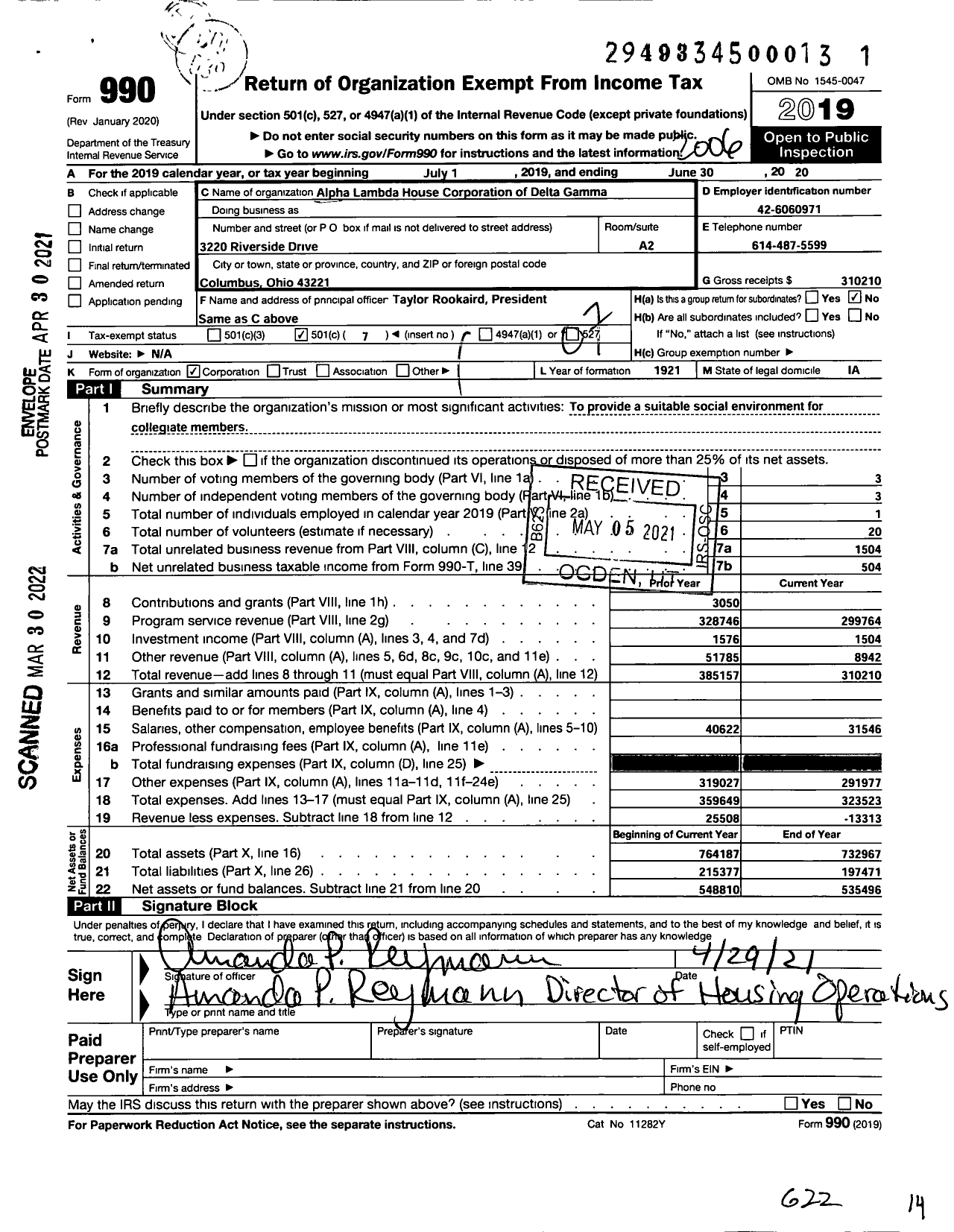 Image of first page of 2019 Form 990O for Alpha Lambda House Corporation of Delta Gamma