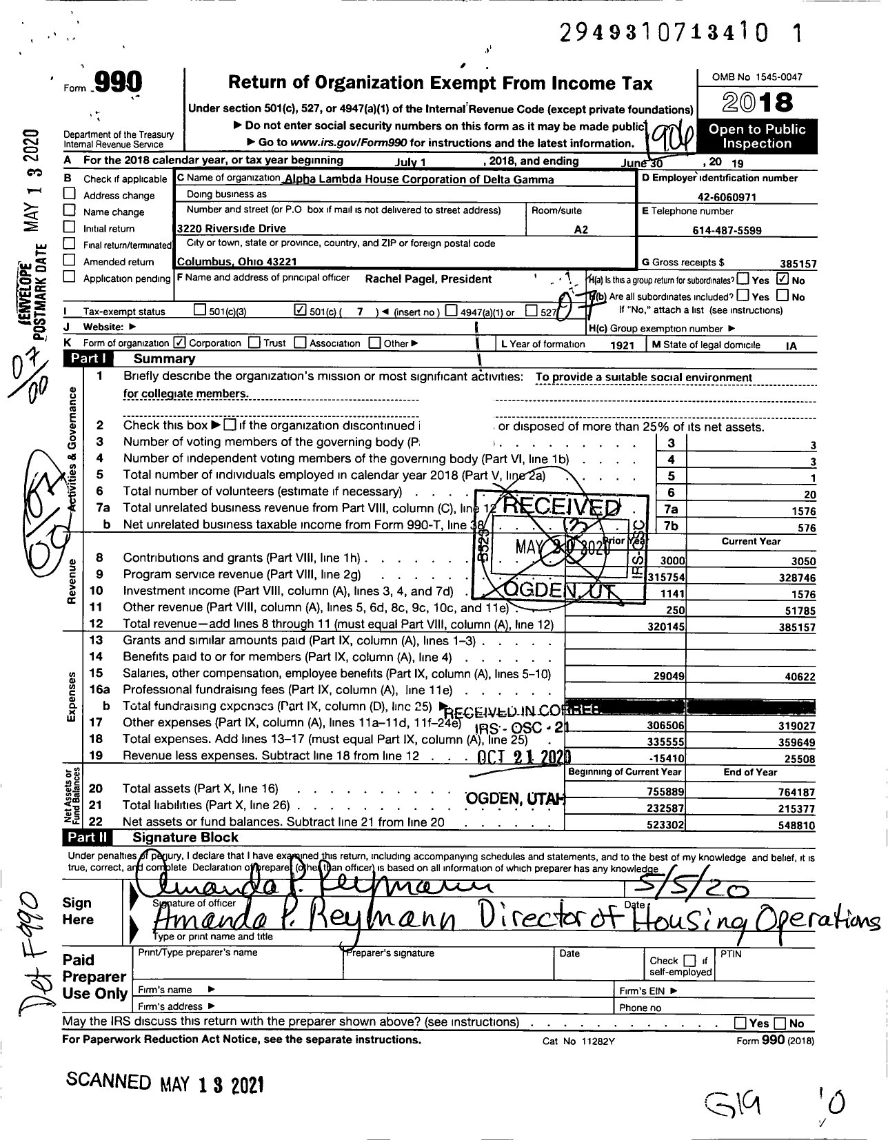 Image of first page of 2018 Form 990O for Alpha Lambda House Corporation of Delta Gamma