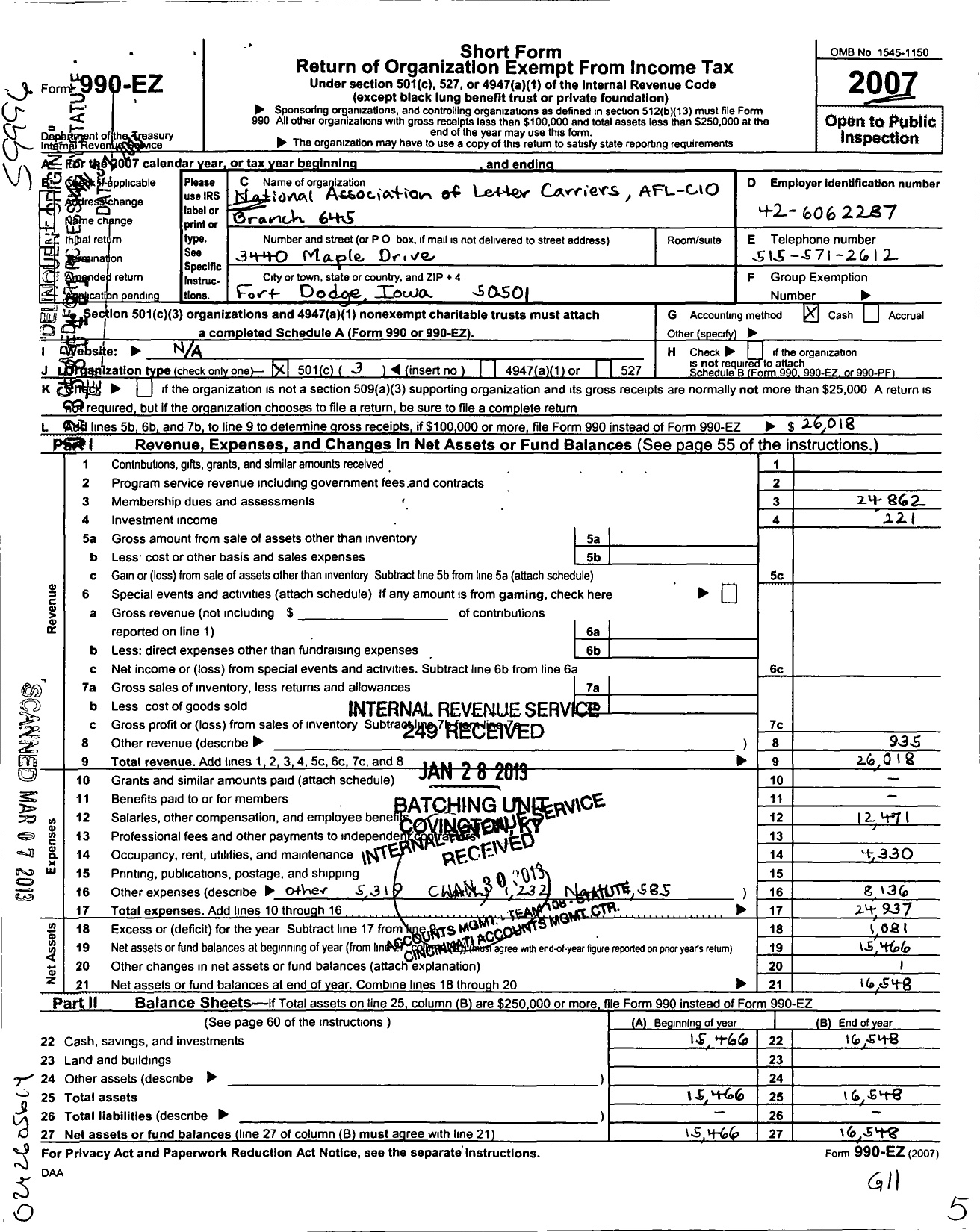 Image of first page of 2007 Form 990EZ for National Association of Letter Carriers - 0645 Fort Dodge Iowa