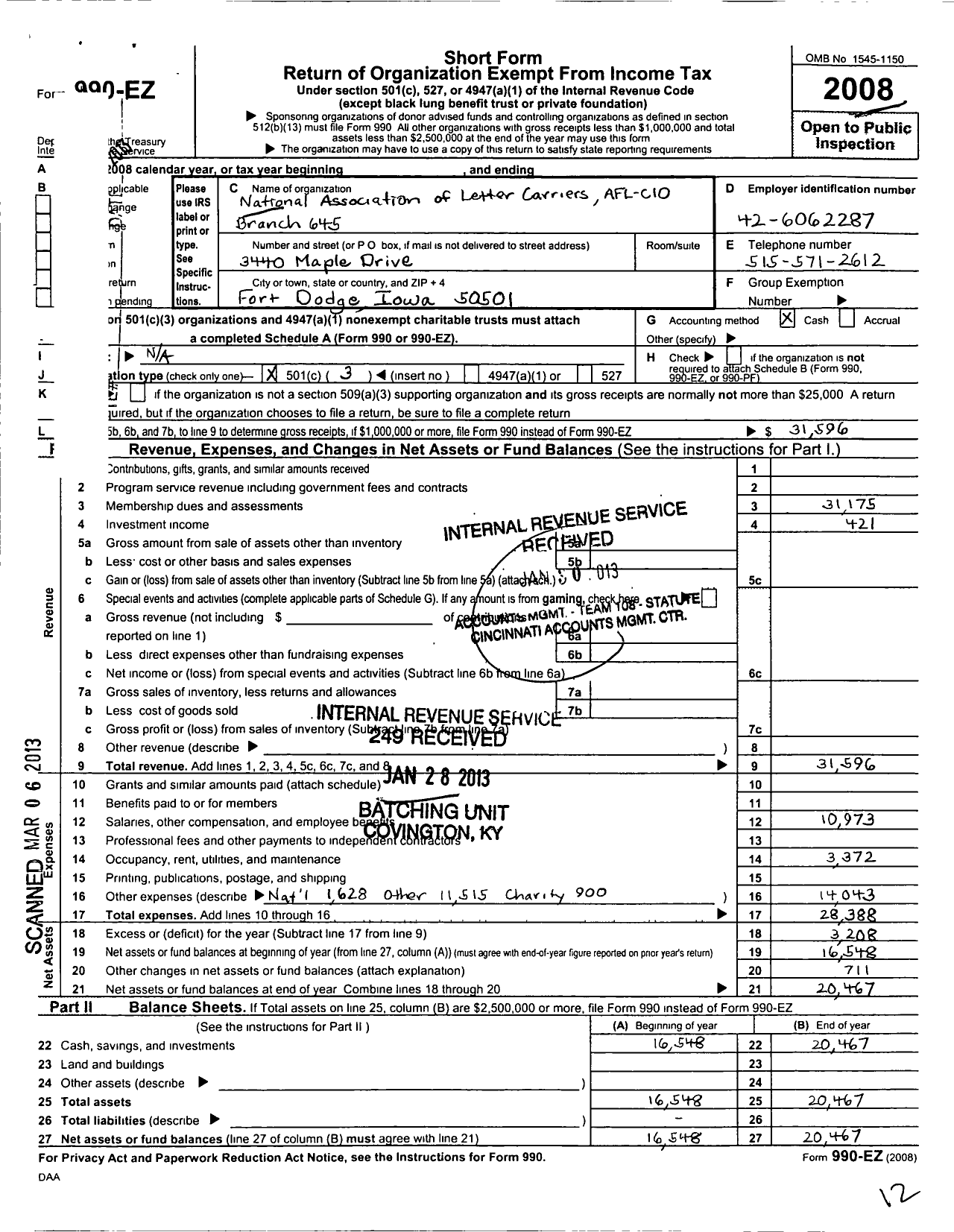 Image of first page of 2008 Form 990EZ for National Association of Letter Carriers - 0645 Fort Dodge Iowa