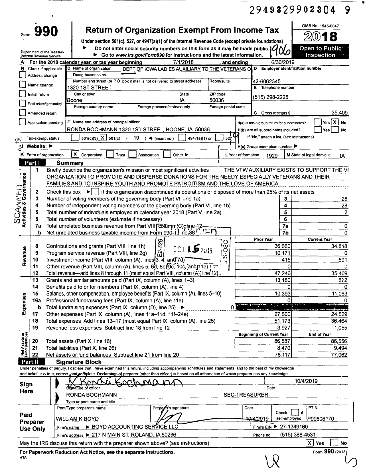 Image of first page of 2018 Form 990O for Dept of Iowa Ladies Auxiliary To the Veterans O