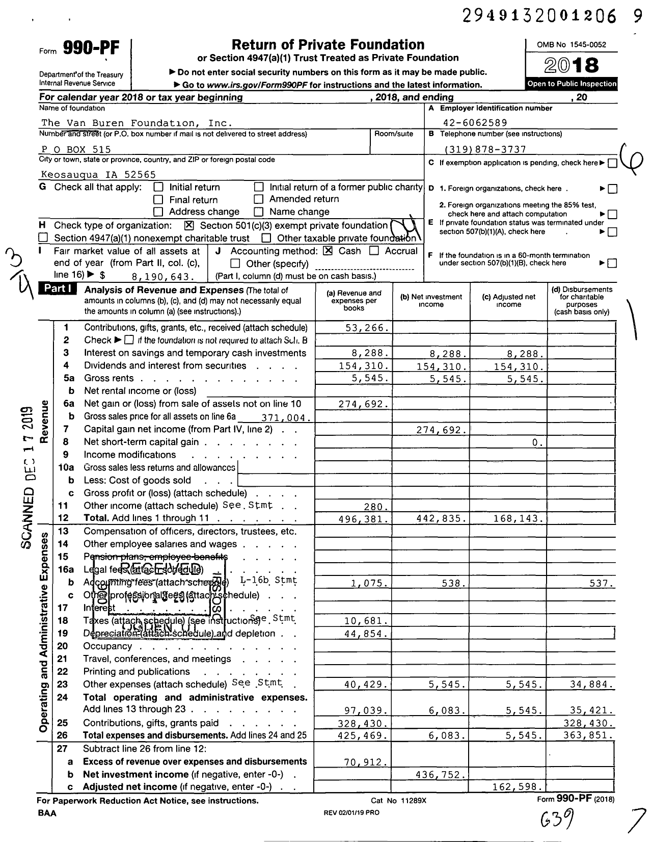 Image of first page of 2018 Form 990PF for The Van Buren Foundation