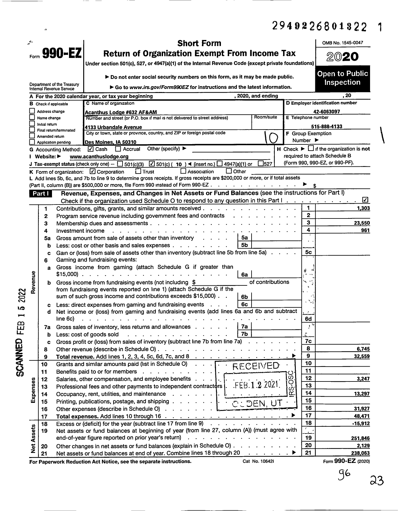 Image of first page of 2020 Form 990EO for Ancient Free and Accepted Masons of Iowa - 632 Acanthus