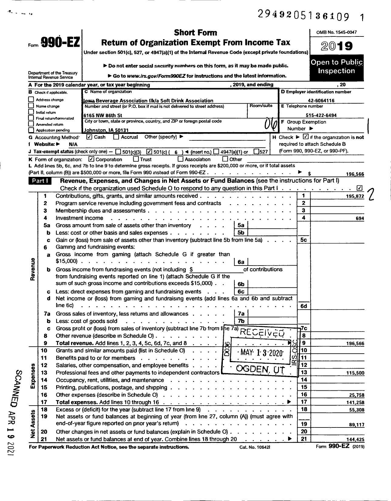 Image of first page of 2019 Form 990EO for Iowa BEVERAGE Association FNA Iowa Soft Drink Association