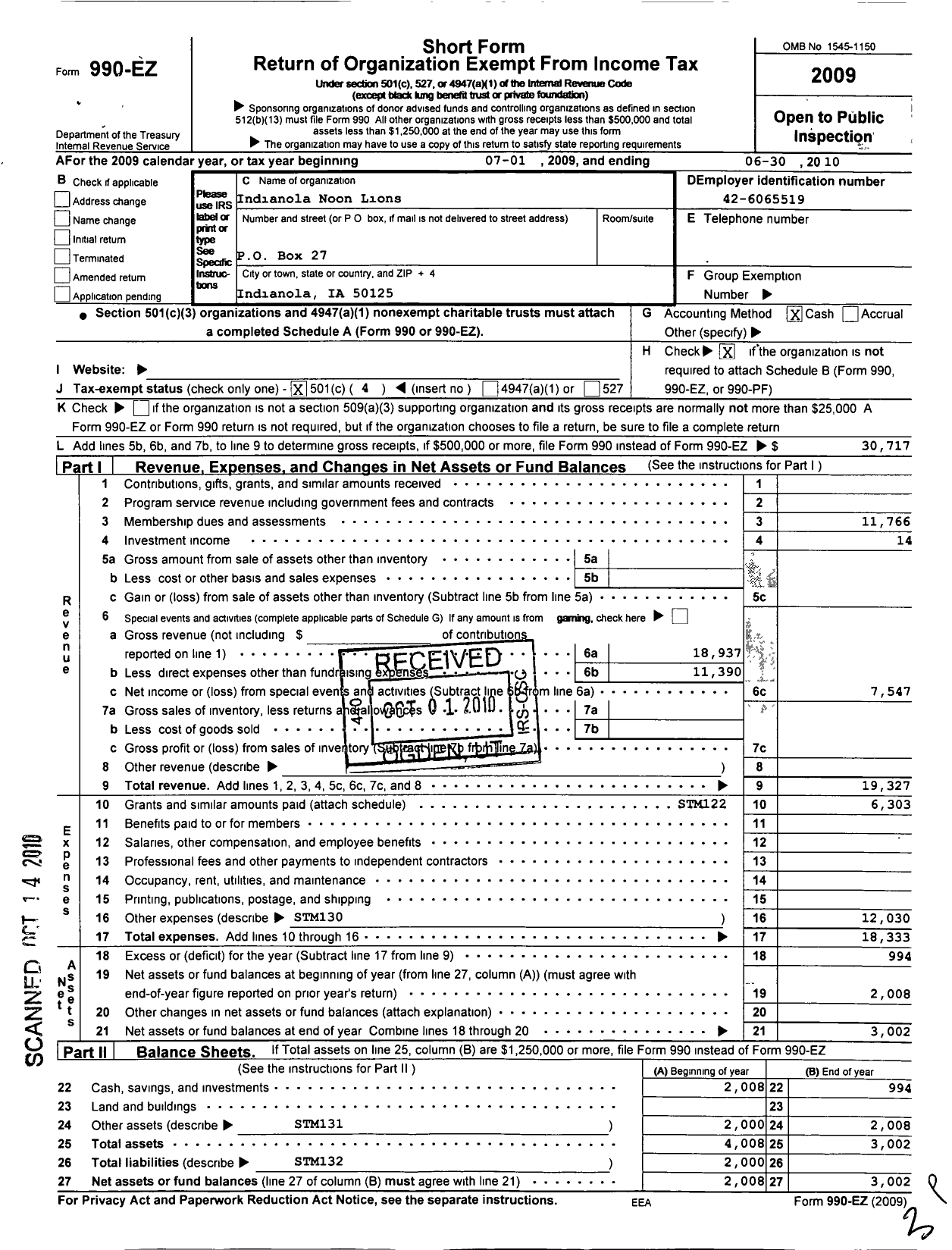 Image of first page of 2009 Form 990EO for Lions Clubs - 4199 Indianola Noon