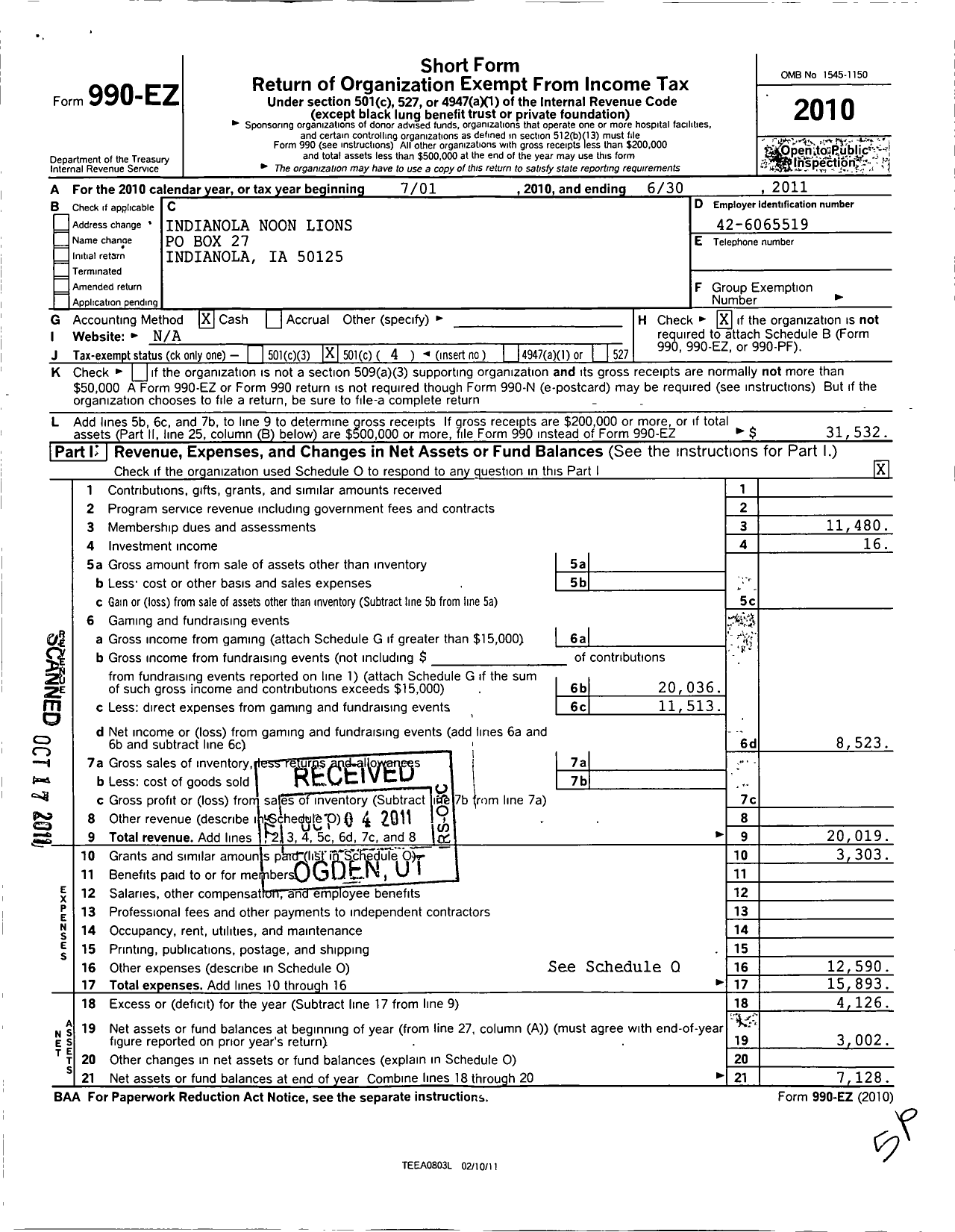 Image of first page of 2010 Form 990EO for Lions Clubs - 4199 Indianola Noon