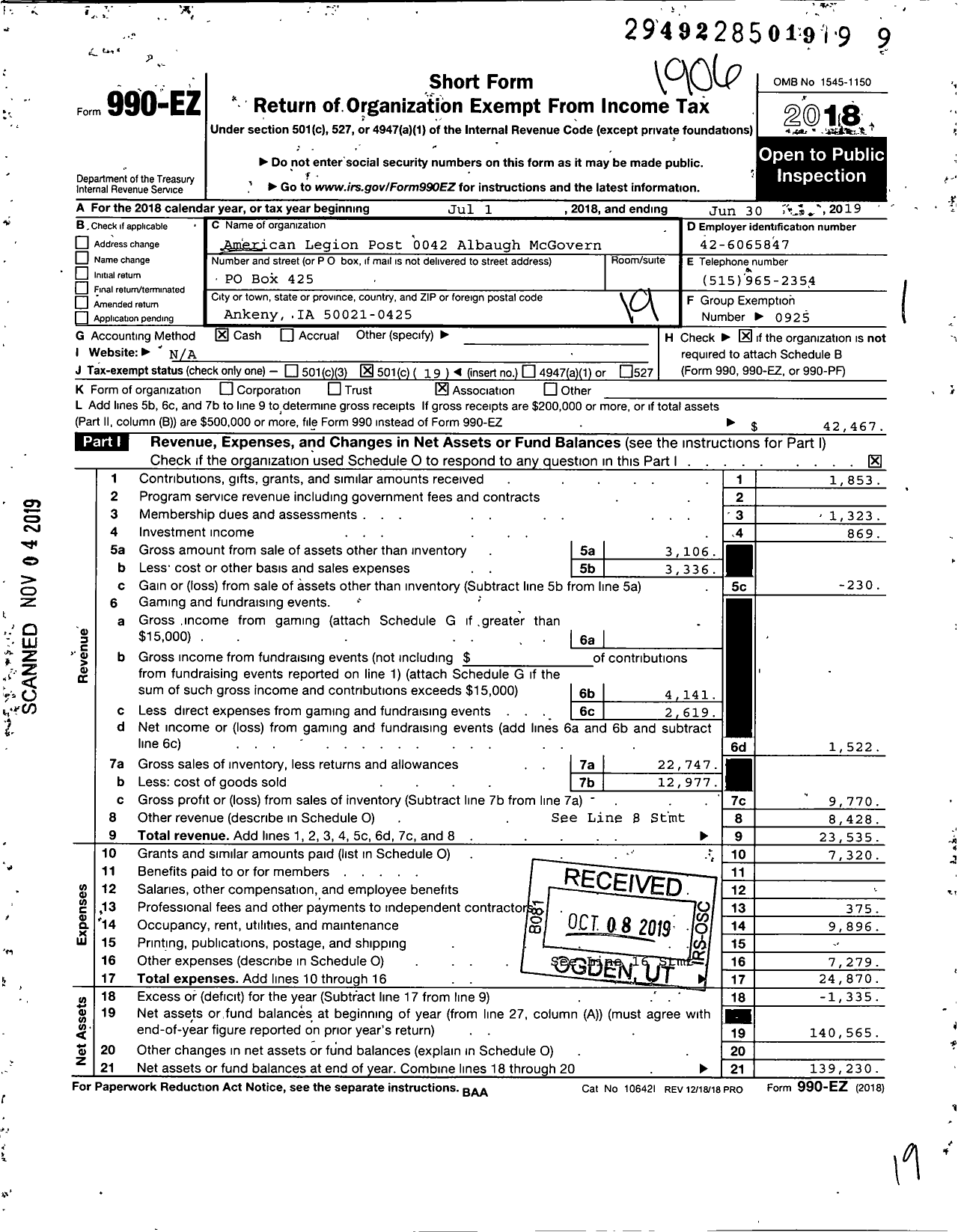 Image of first page of 2018 Form 990EO for American LEGION - 42 Albaugh-Mc Govern