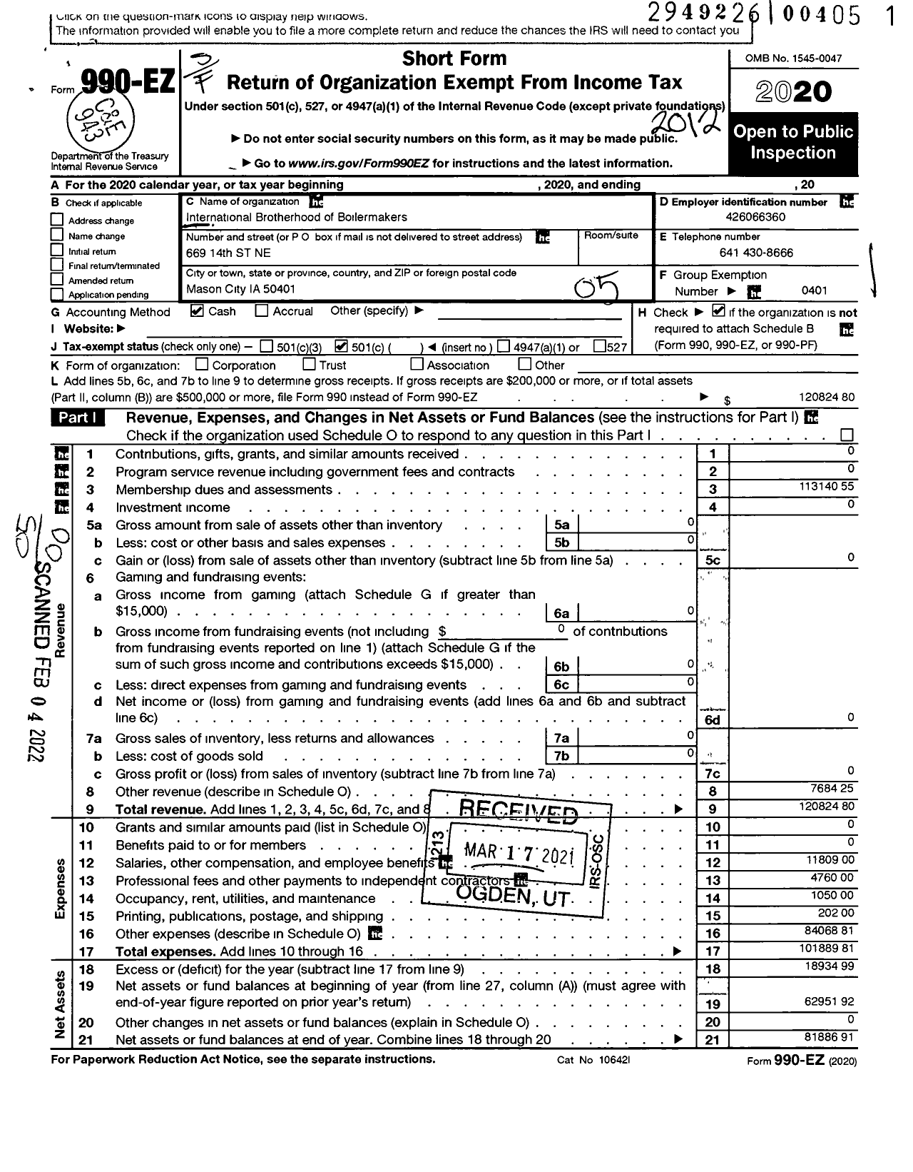 Image of first page of 2020 Form 990EO for International Brotherhood of Boilermakers - D106 Lodge