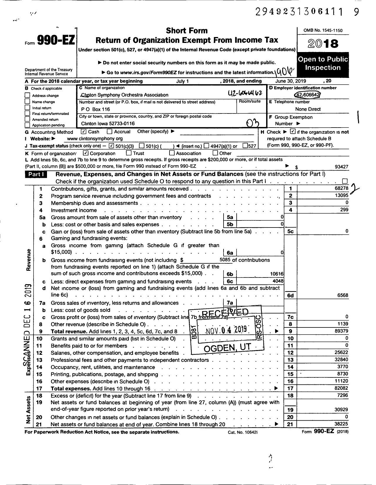 Image of first page of 2018 Form 990EZ for Clinton Symphony Orchestra Association