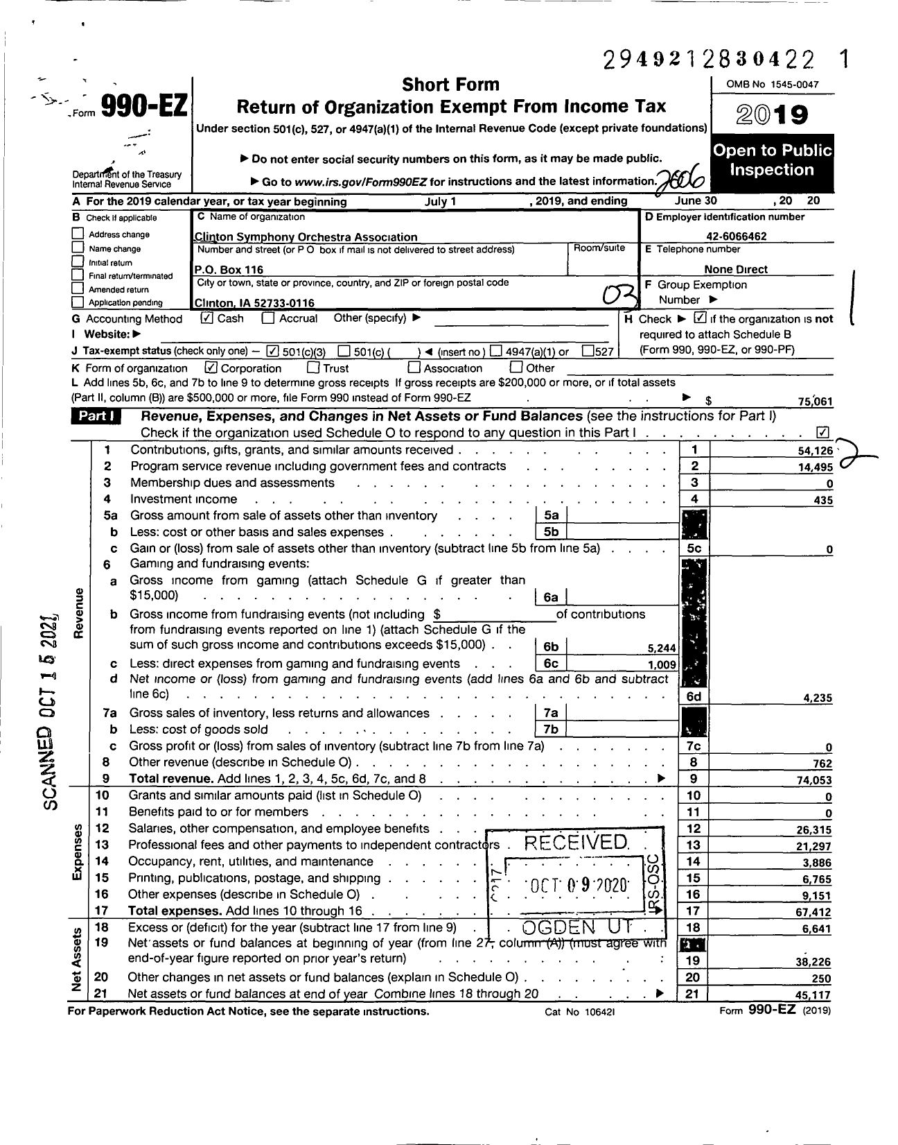 Image of first page of 2019 Form 990EZ for Clinton Symphony Orchestra Association