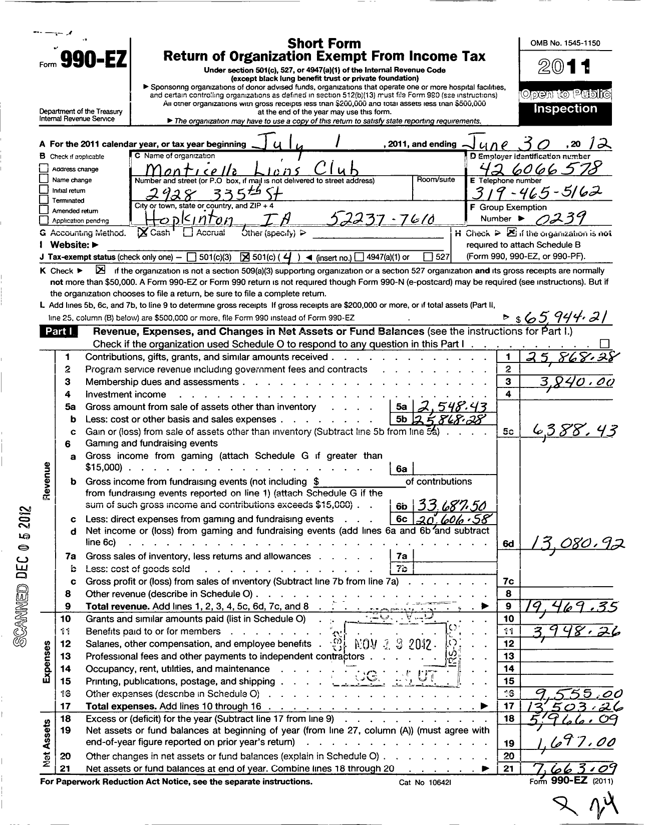 Image of first page of 2011 Form 990EO for Lions Clubs - 4126 Monticello