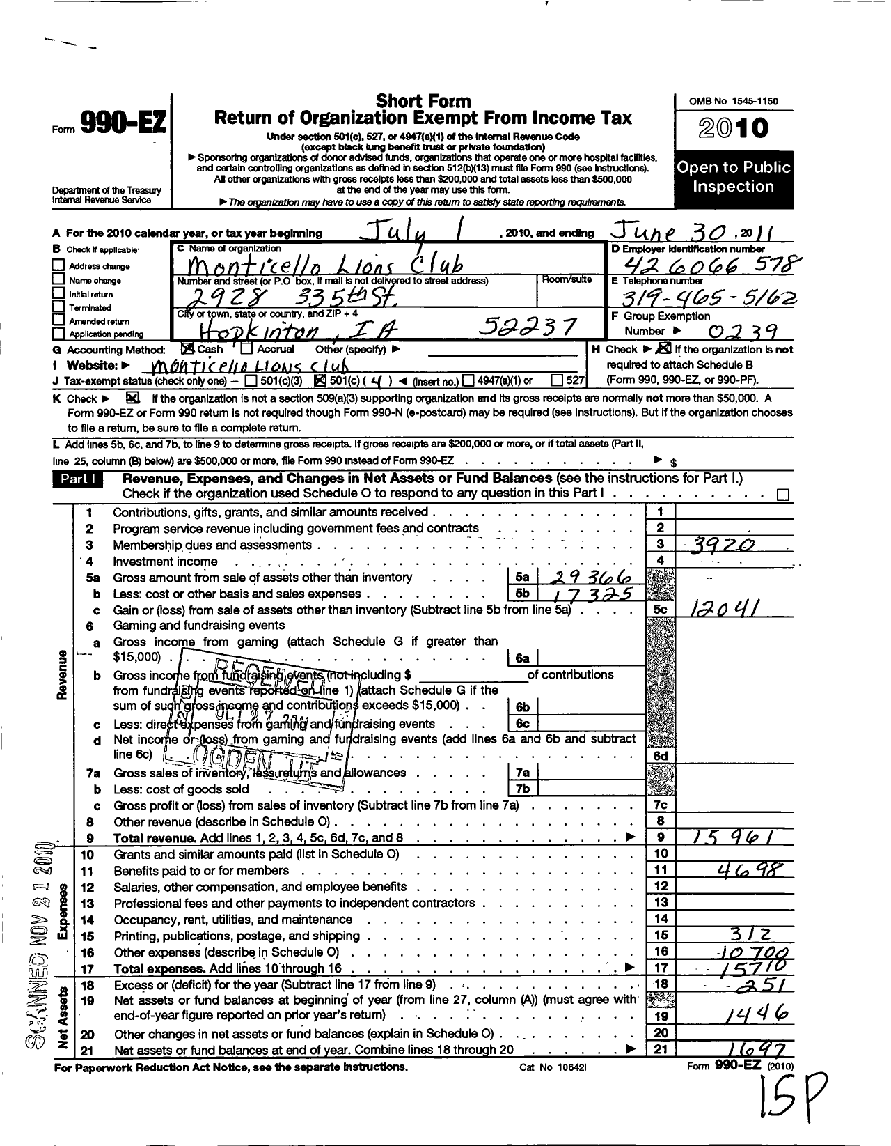 Image of first page of 2010 Form 990EO for Lions Clubs - 4126 Monticello