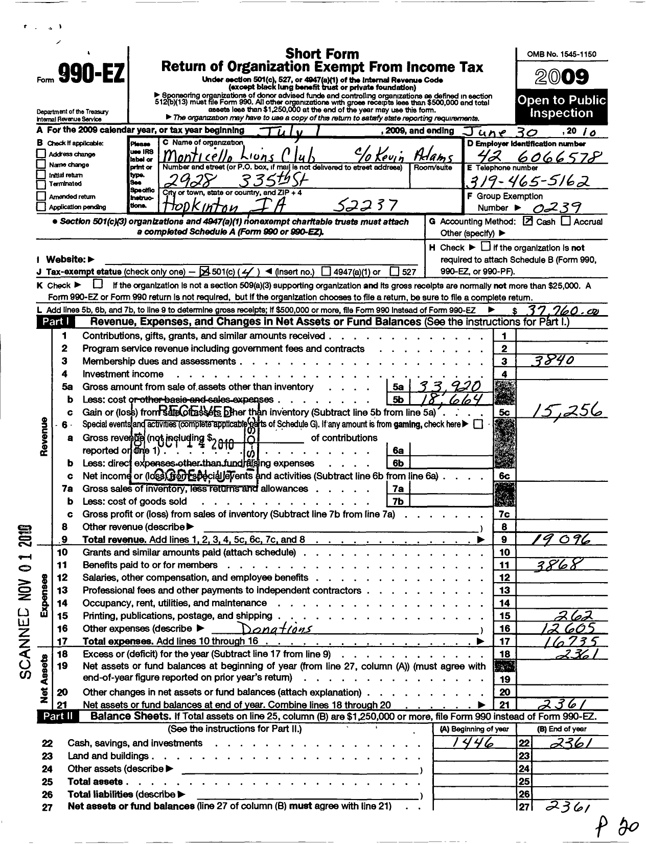 Image of first page of 2009 Form 990EO for Lions Clubs - 4126 Monticello