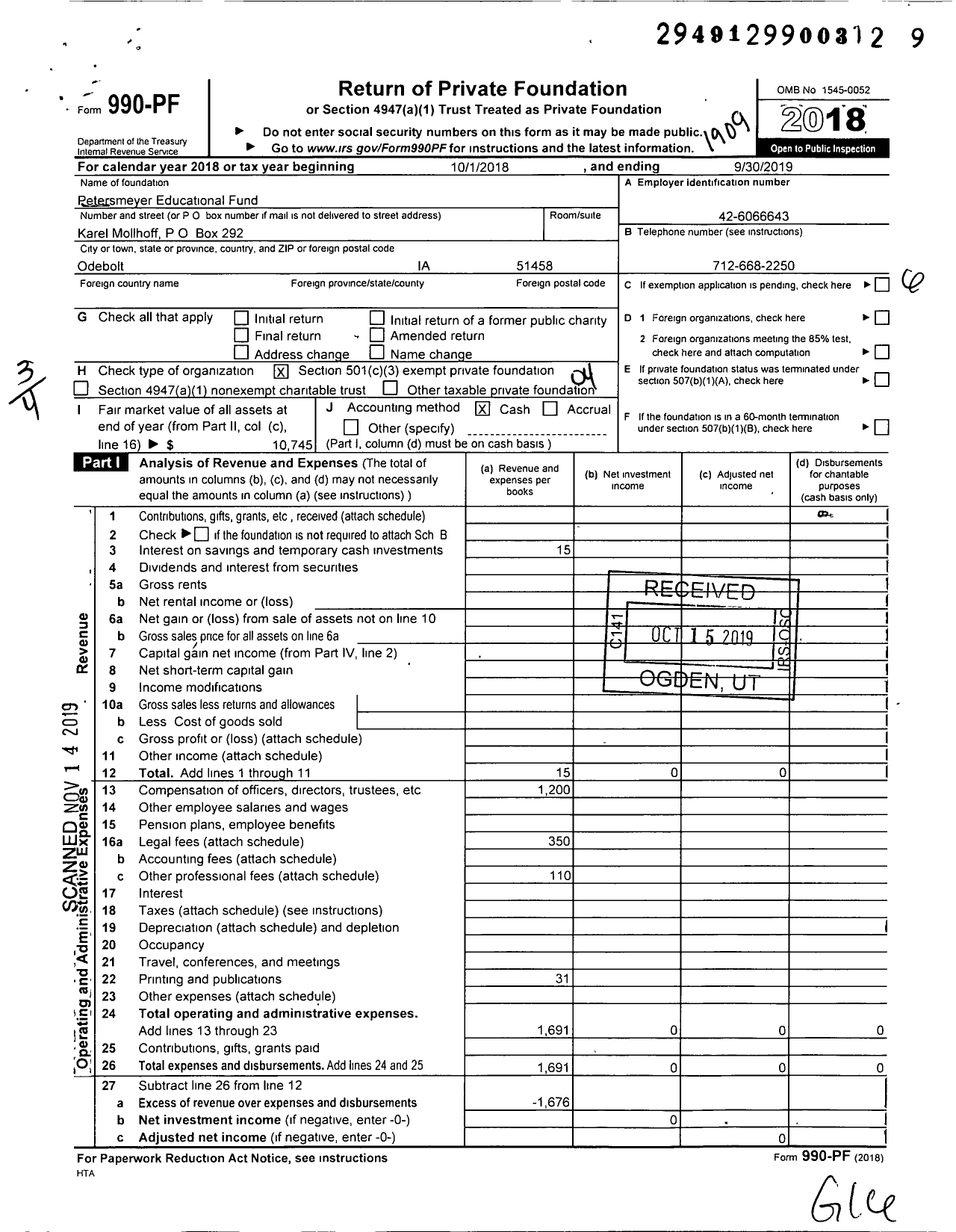 Image of first page of 2018 Form 990PF for Petersmeyer Educational Fund