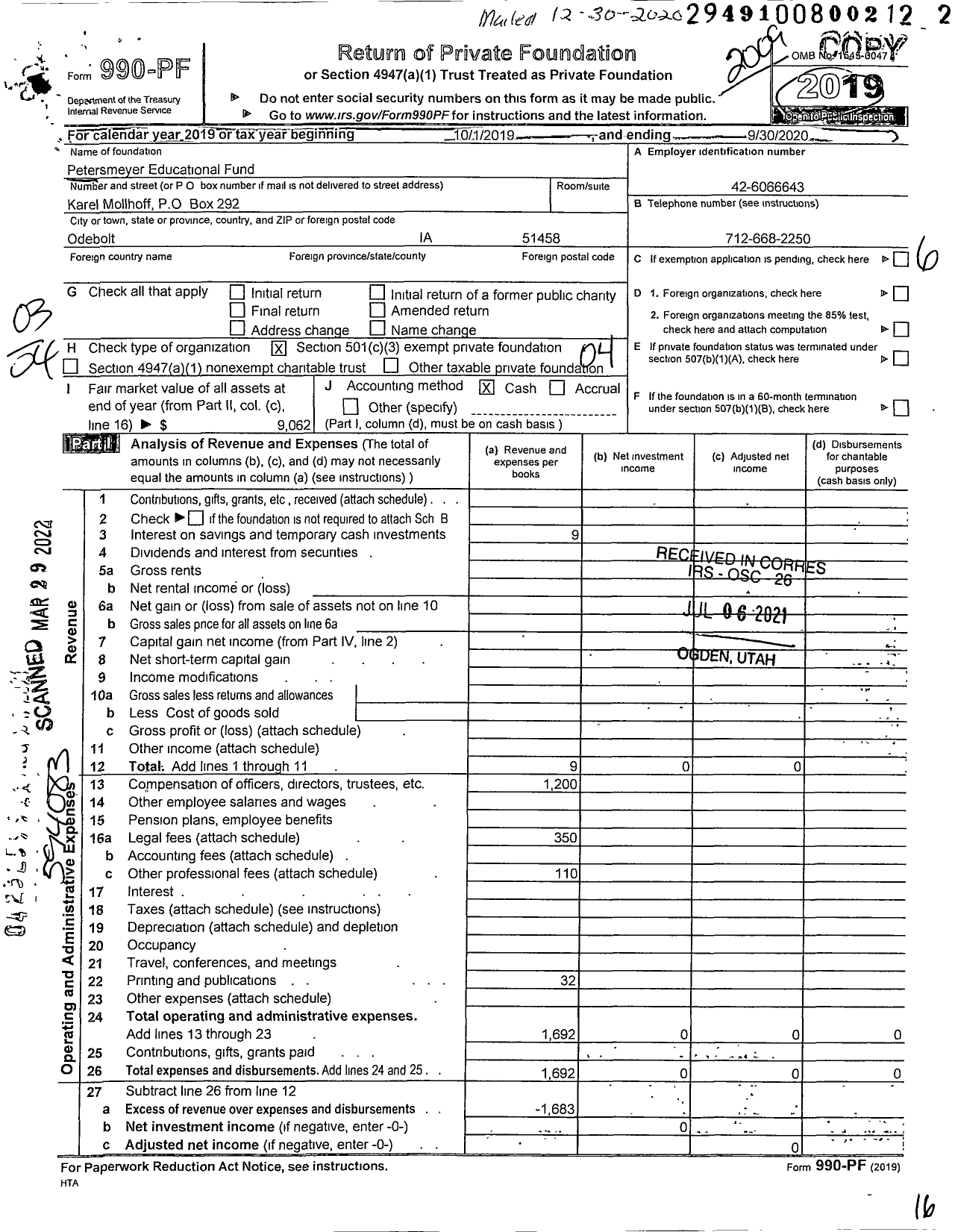 Image of first page of 2019 Form 990PF for Petersmeyer Educational Fund