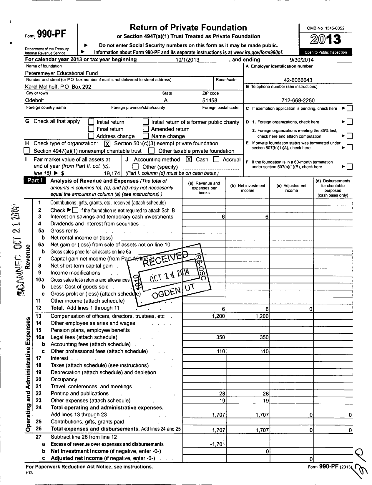 Image of first page of 2013 Form 990PF for Petersmeyer Educational Fund