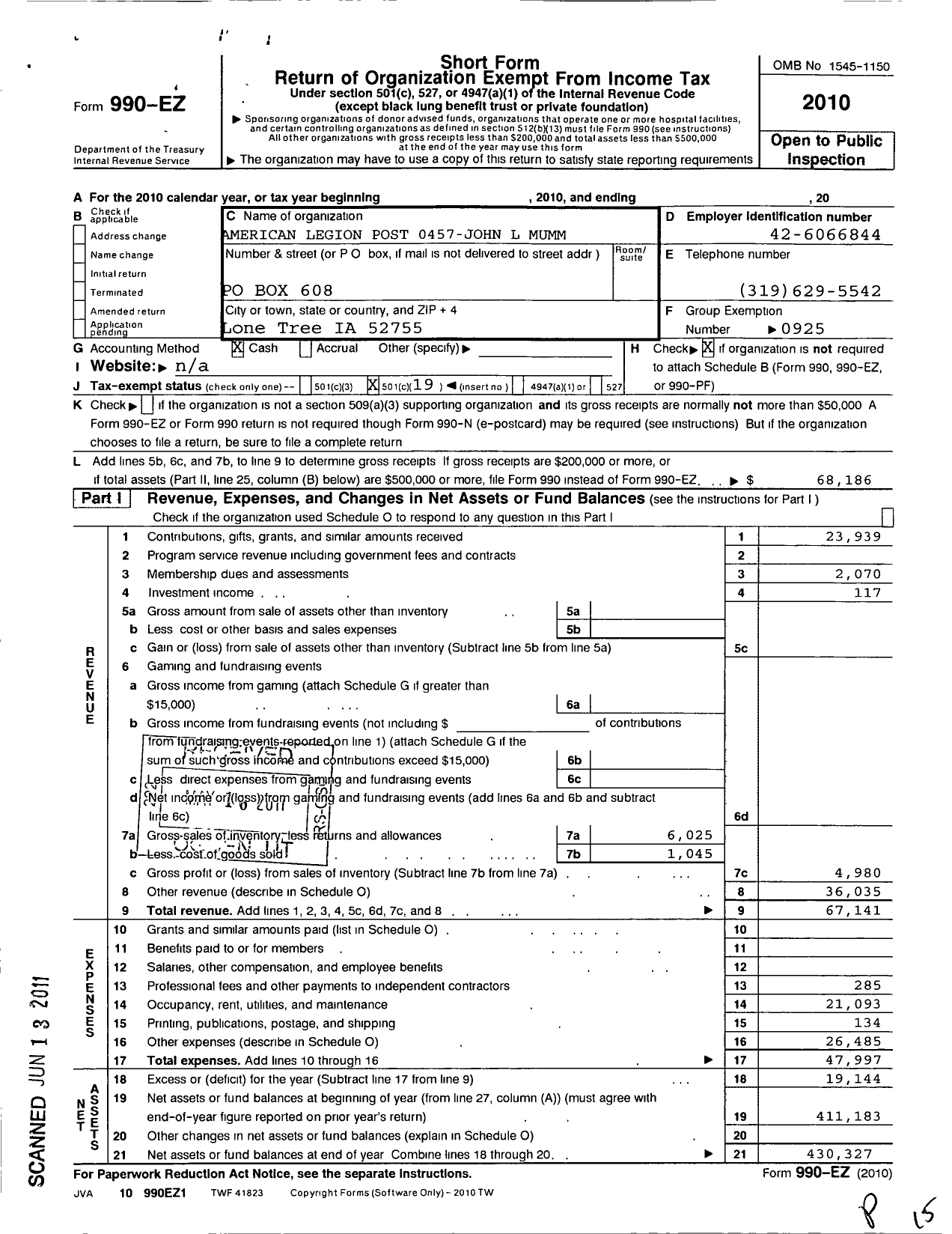 Image of first page of 2010 Form 990EO for American Legion - 0457 John L Mumm