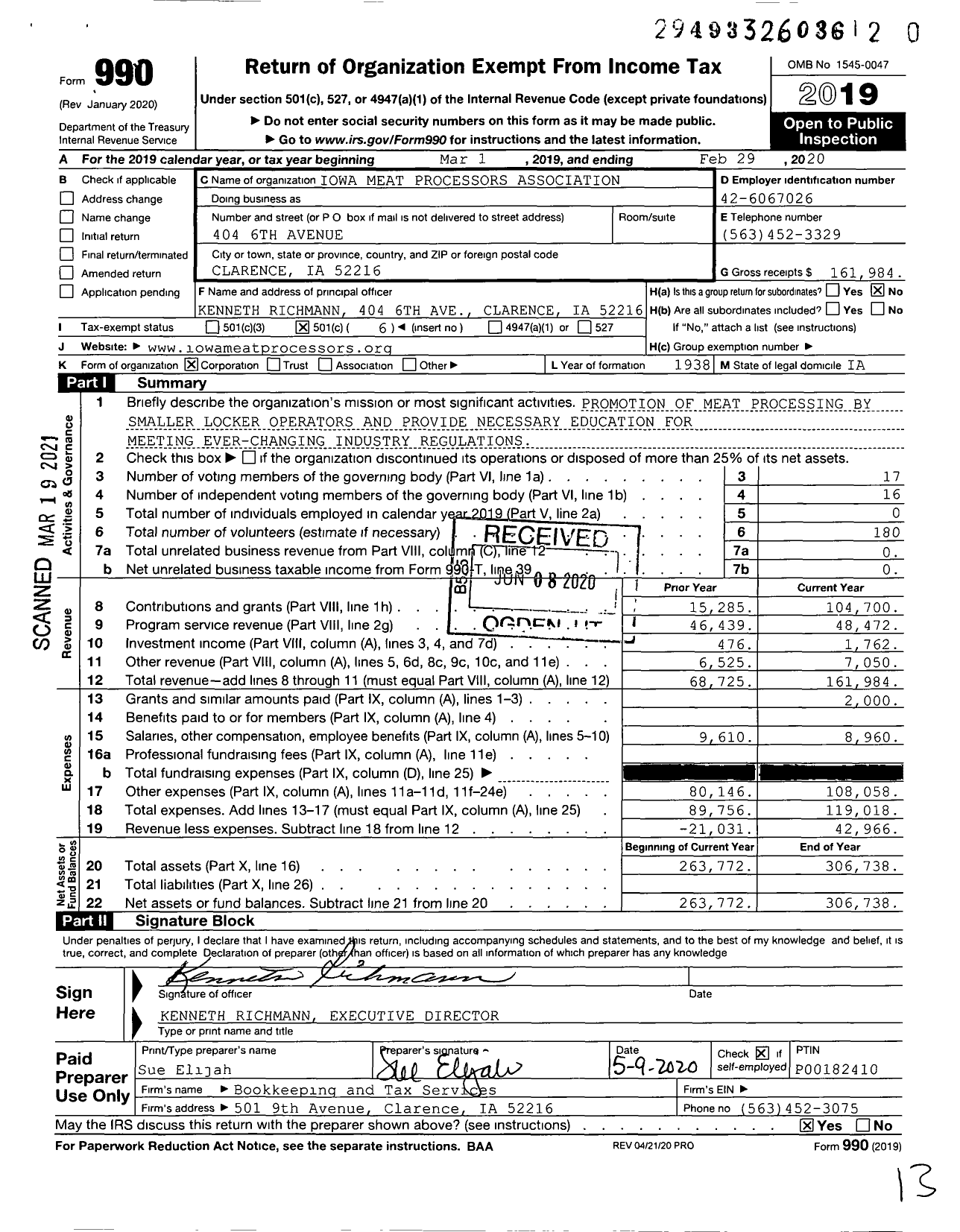 Image of first page of 2019 Form 990O for Iowa Meat Processors Association