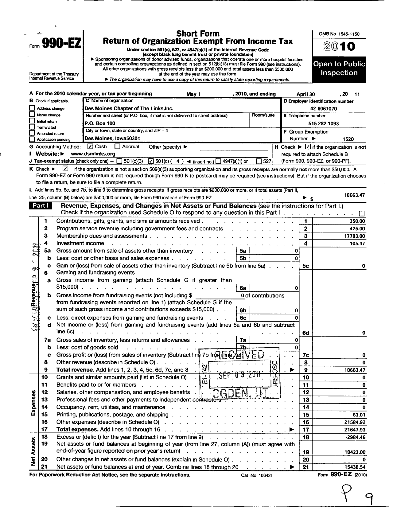 Image of first page of 2010 Form 990EO for Links / Des Moines Chapter