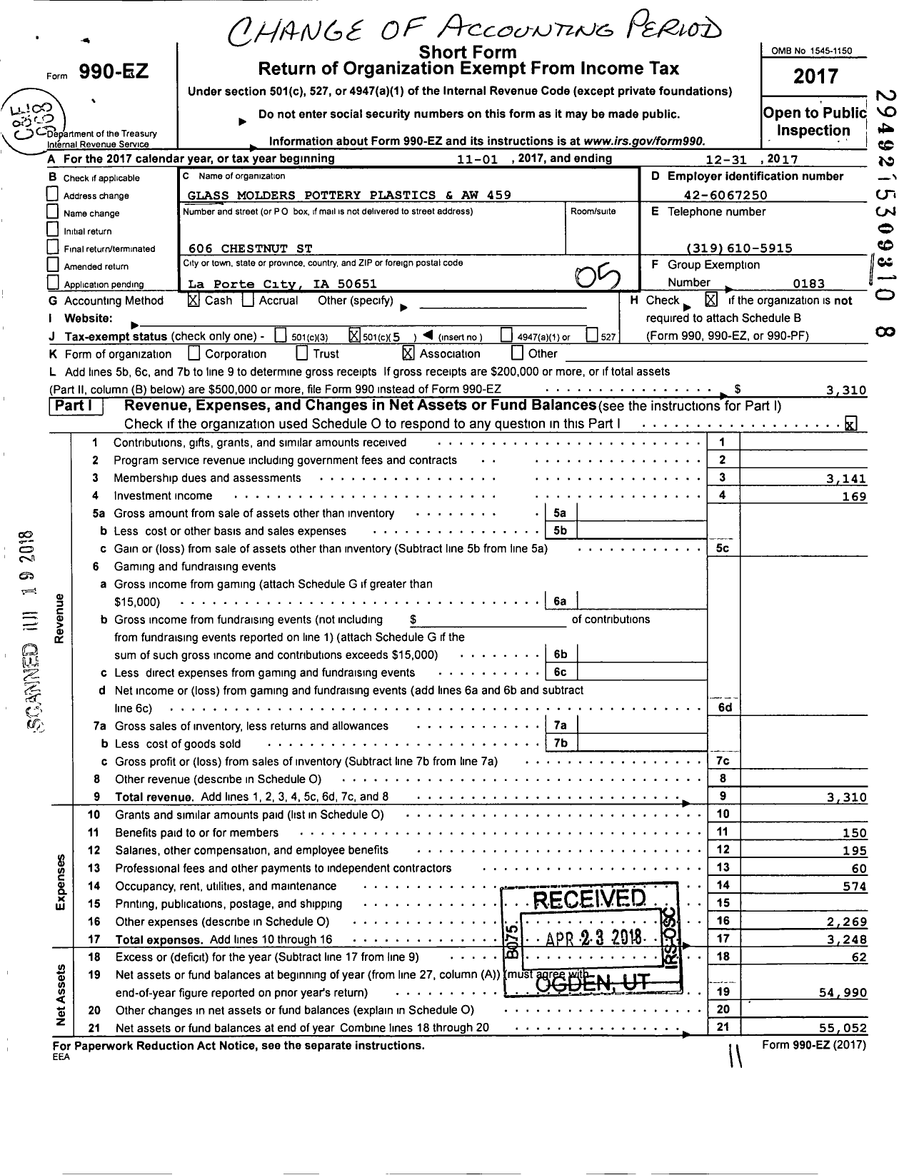 Image of first page of 2017 Form 990EO for United Steelworkers - 00459m Local